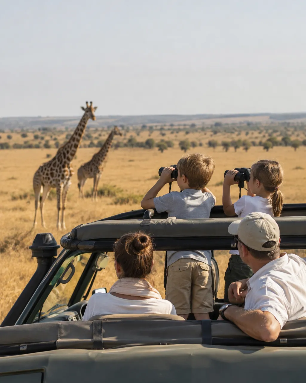 Kinderen met verrekijkers in een safariwagen bij giraffen