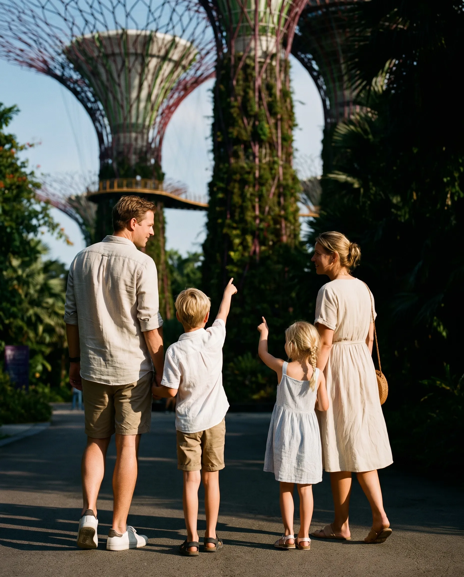 Gezin met twee kinderen tussen de Supertrees van Gardens by the Bay, Singapore
