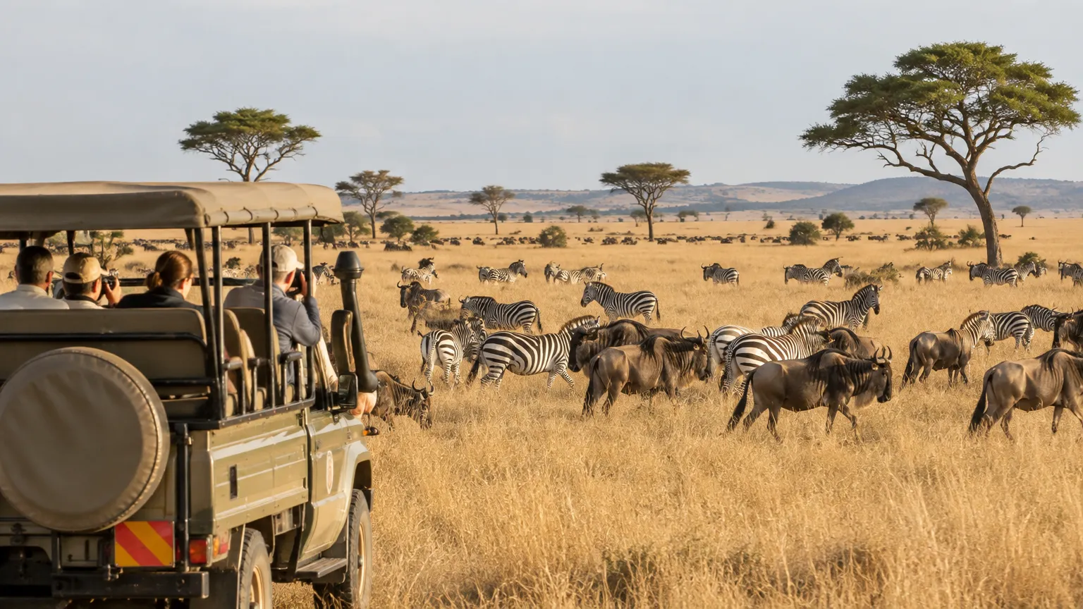 Safariwagen bij een kudde zebra's en gnoes in de Serengeti