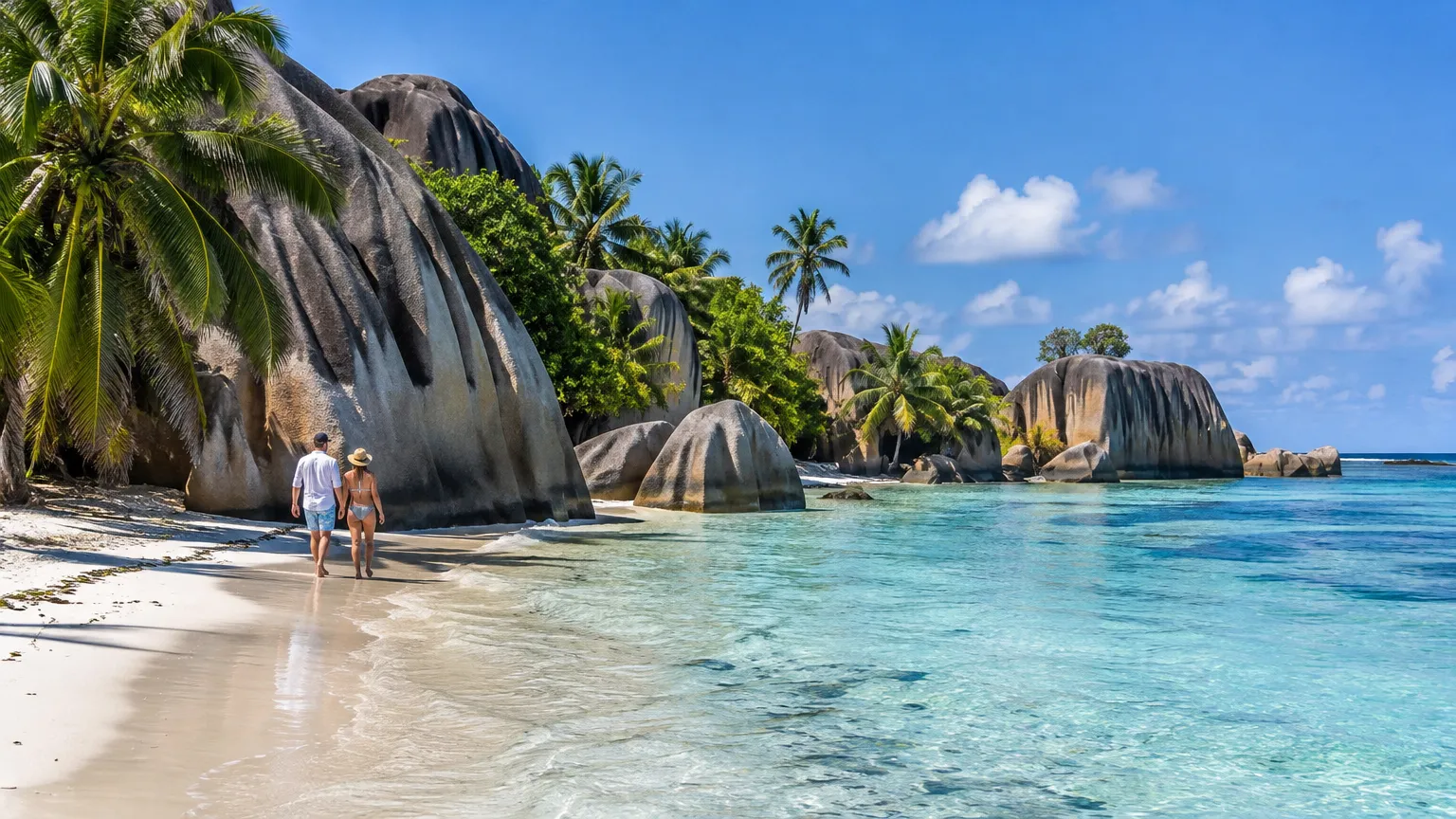 Granietrotsen en helder water bij Anse Source d'Argent op La Digue