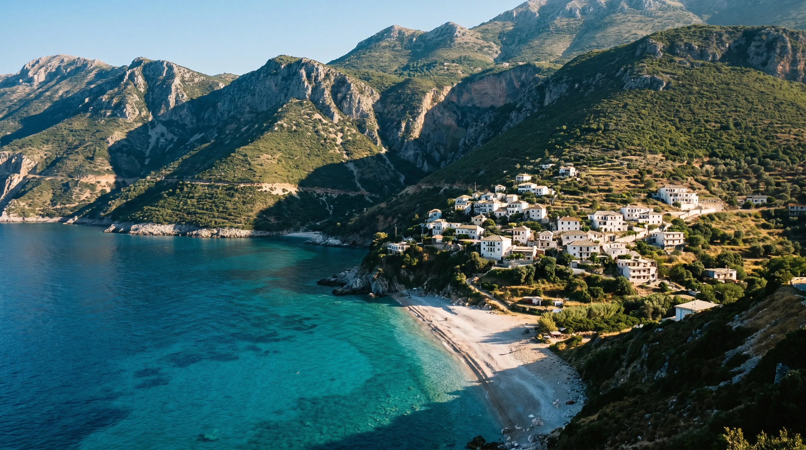 Een baai met helder water en een wit dorp tegen de bergen aan de Albanese Riviera
