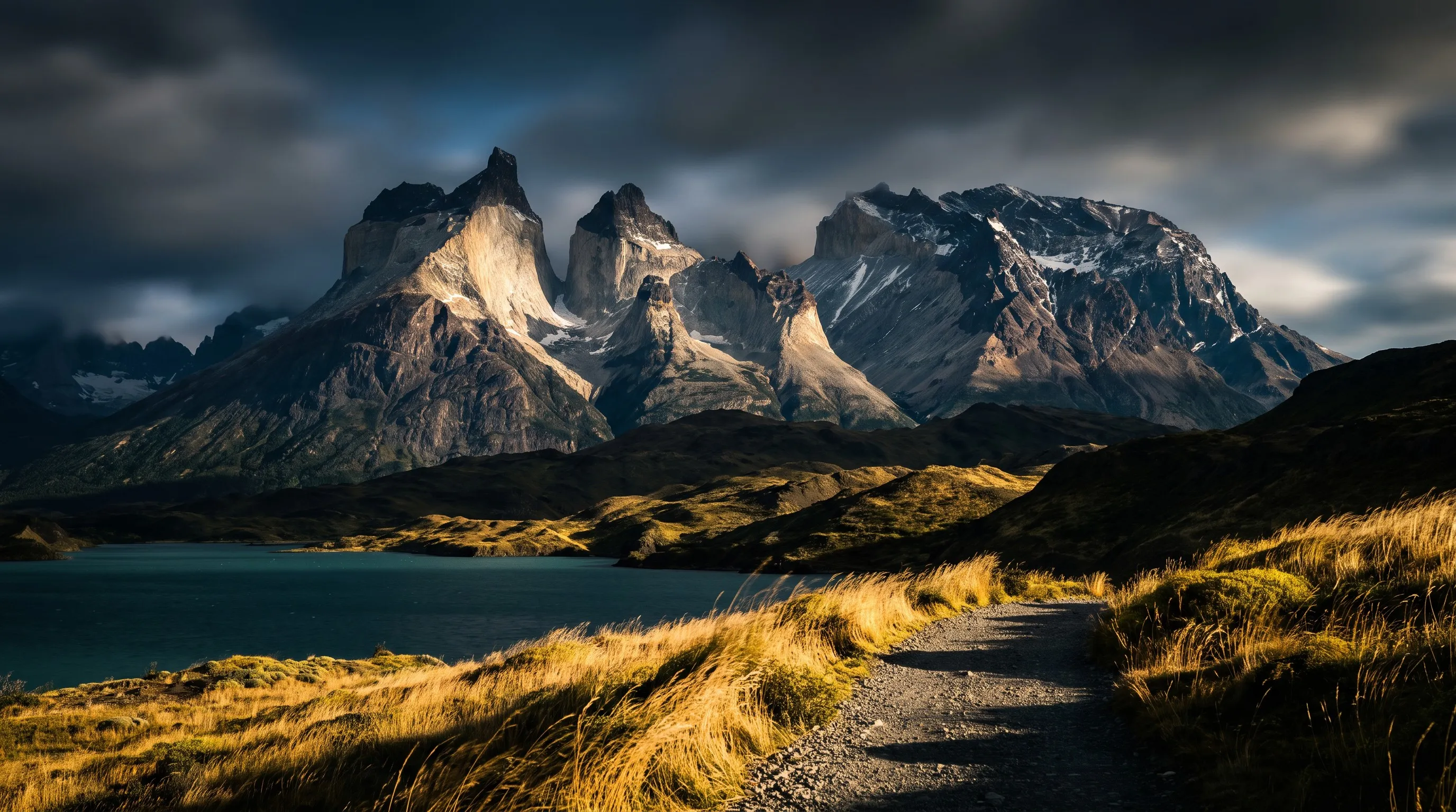 Wandelpad naar de bergtoppen van Torres del Paine boven het Pehoe meer, Chili