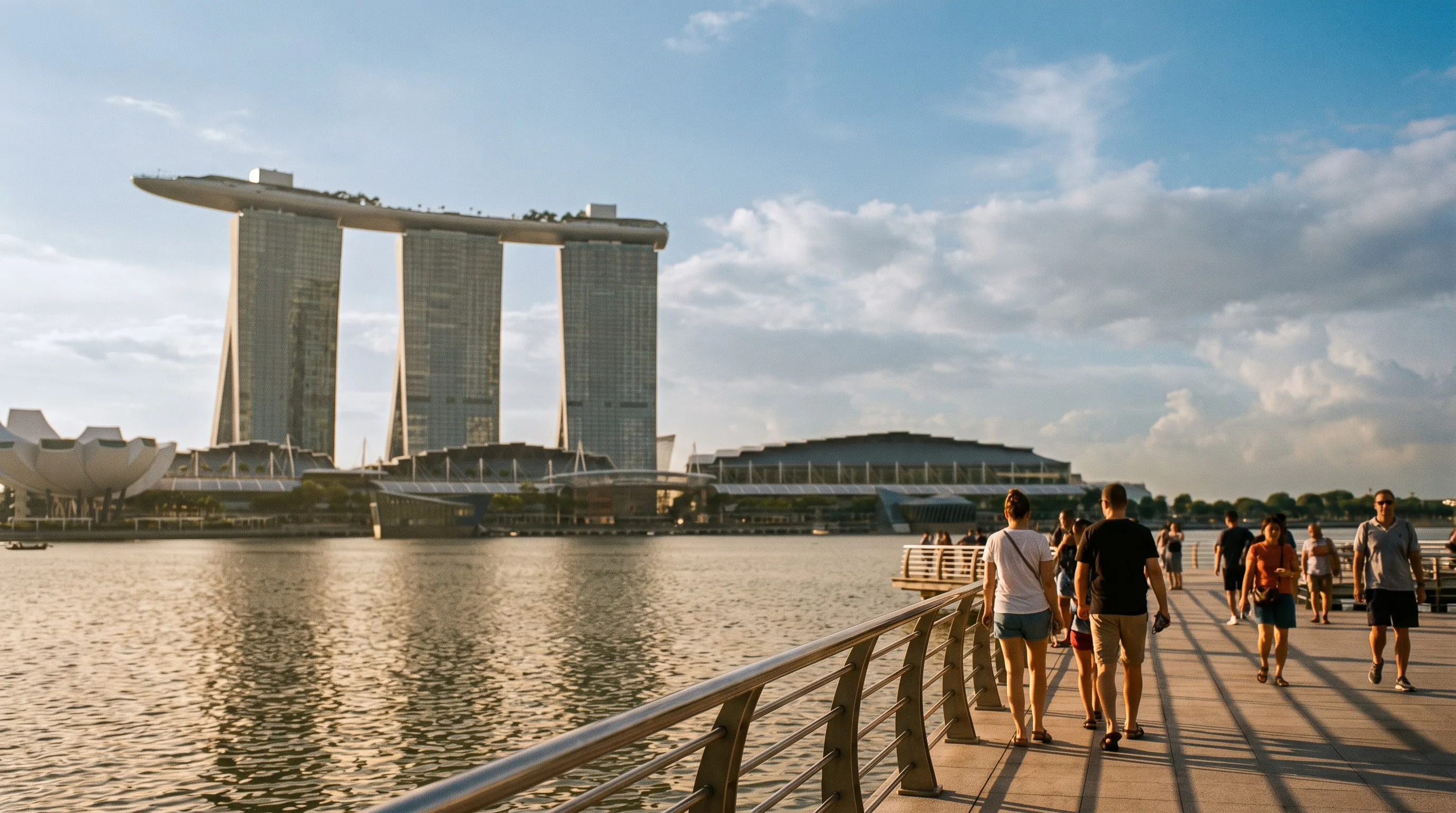 Wandelaars op de boulevard aan Marina Bay met Marina Bay Sands, Singapore