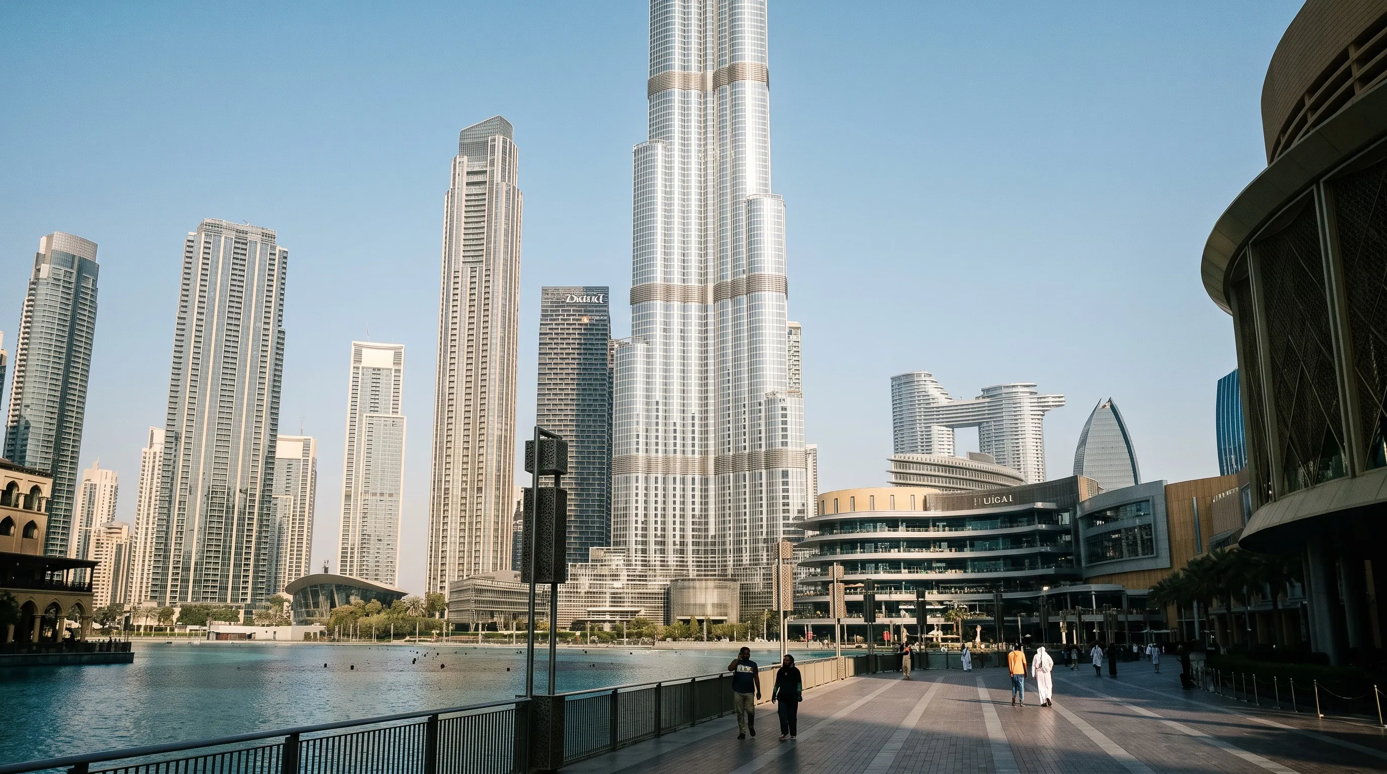 De Burj Khalifa en de torens van Downtown Dubai vanaf de boulevard bij het meer