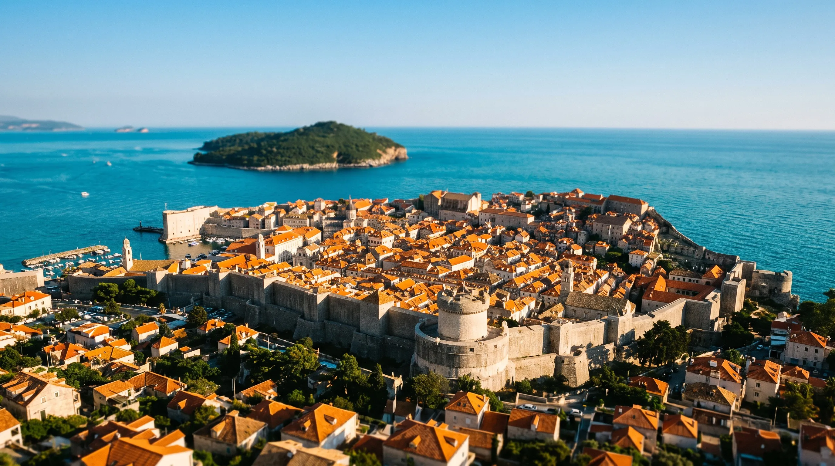 De oude stad van Dubrovnik binnen de stadsmuren met het eiland Lokrum, Kroatië