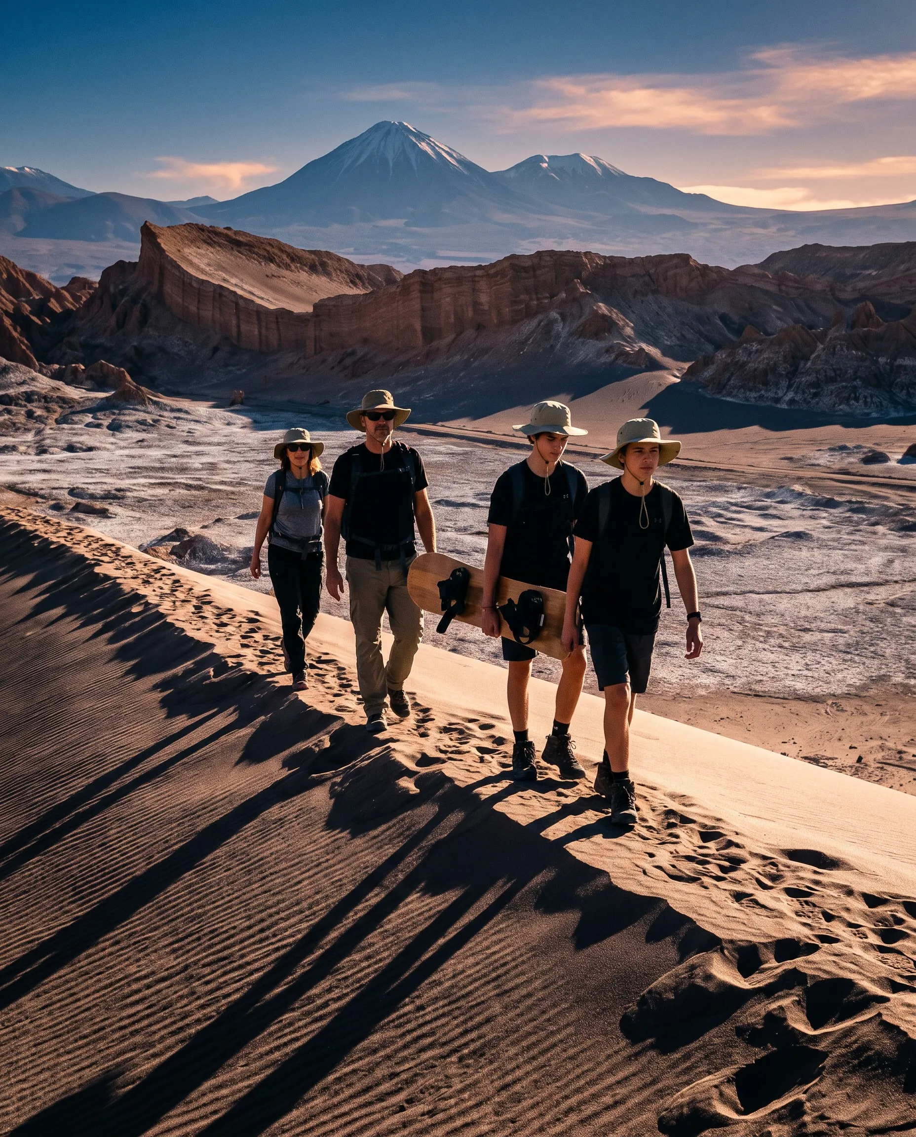 Gezin wandelt door de Maanvallei in de Atacama woestijn, Chili