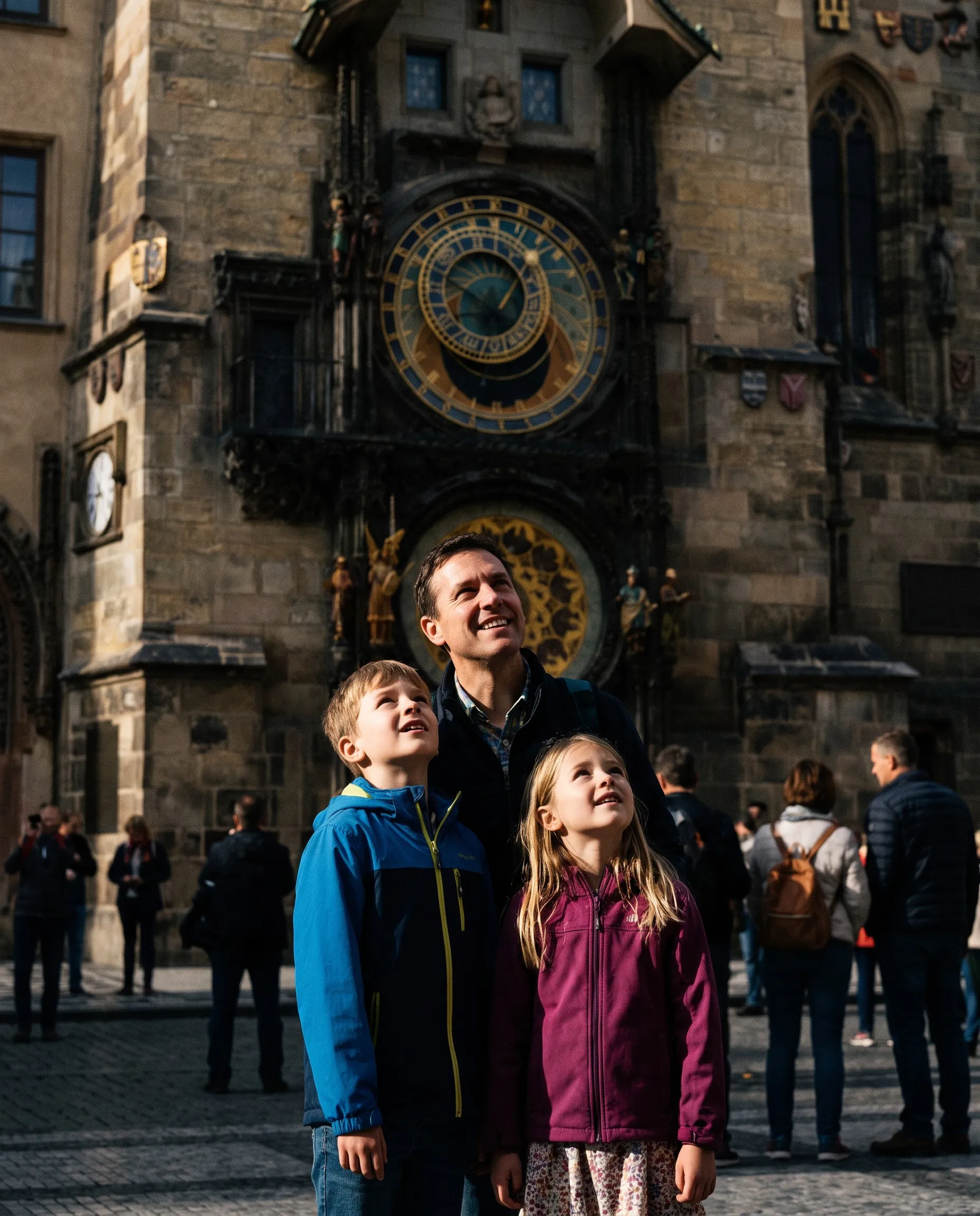 Kinderen kijken omhoog naar de astronomische klok op het Oudestadsplein in Praag