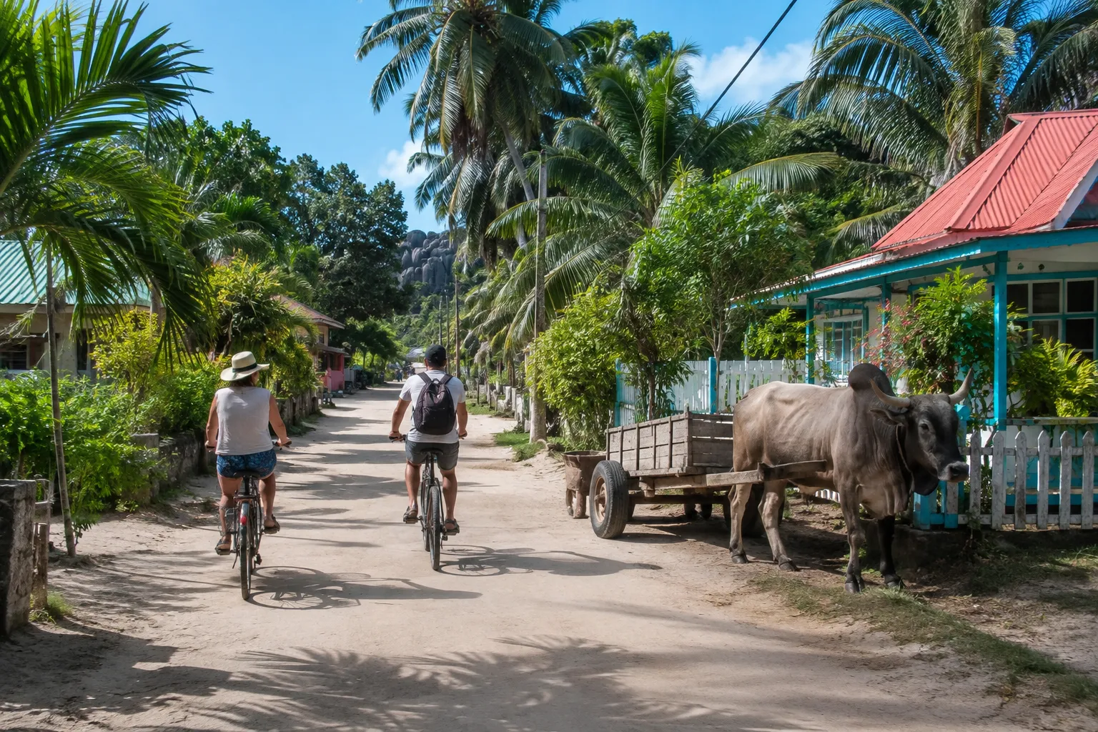 Fietsers op een zandweg op La Digue