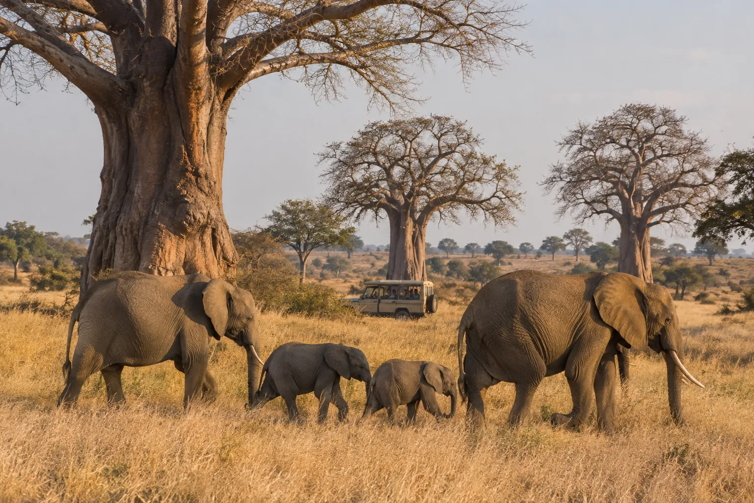 Olifanten tussen de baobabs in Tarangire