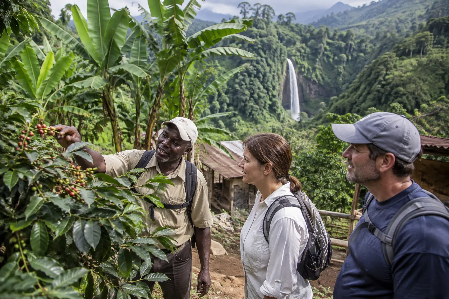 Gids laat koffieplanten zien aan de voet van de Kilimanjaro