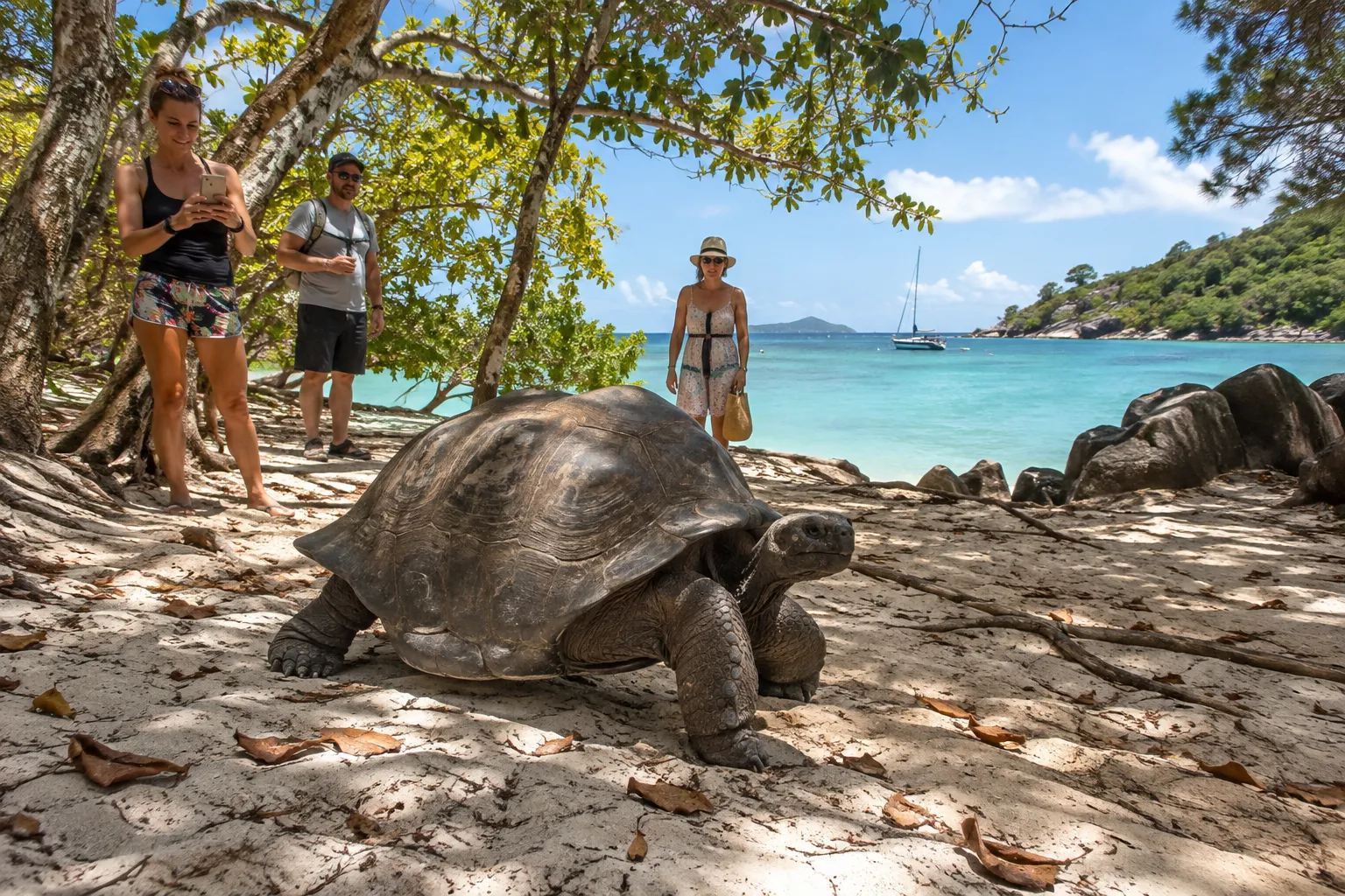 Reuzenschildpad op het strand van Curieuse