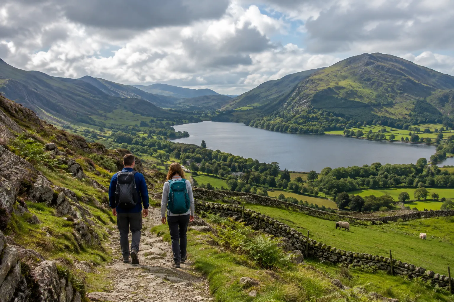 Wandelaars boven een meer in het Lake District