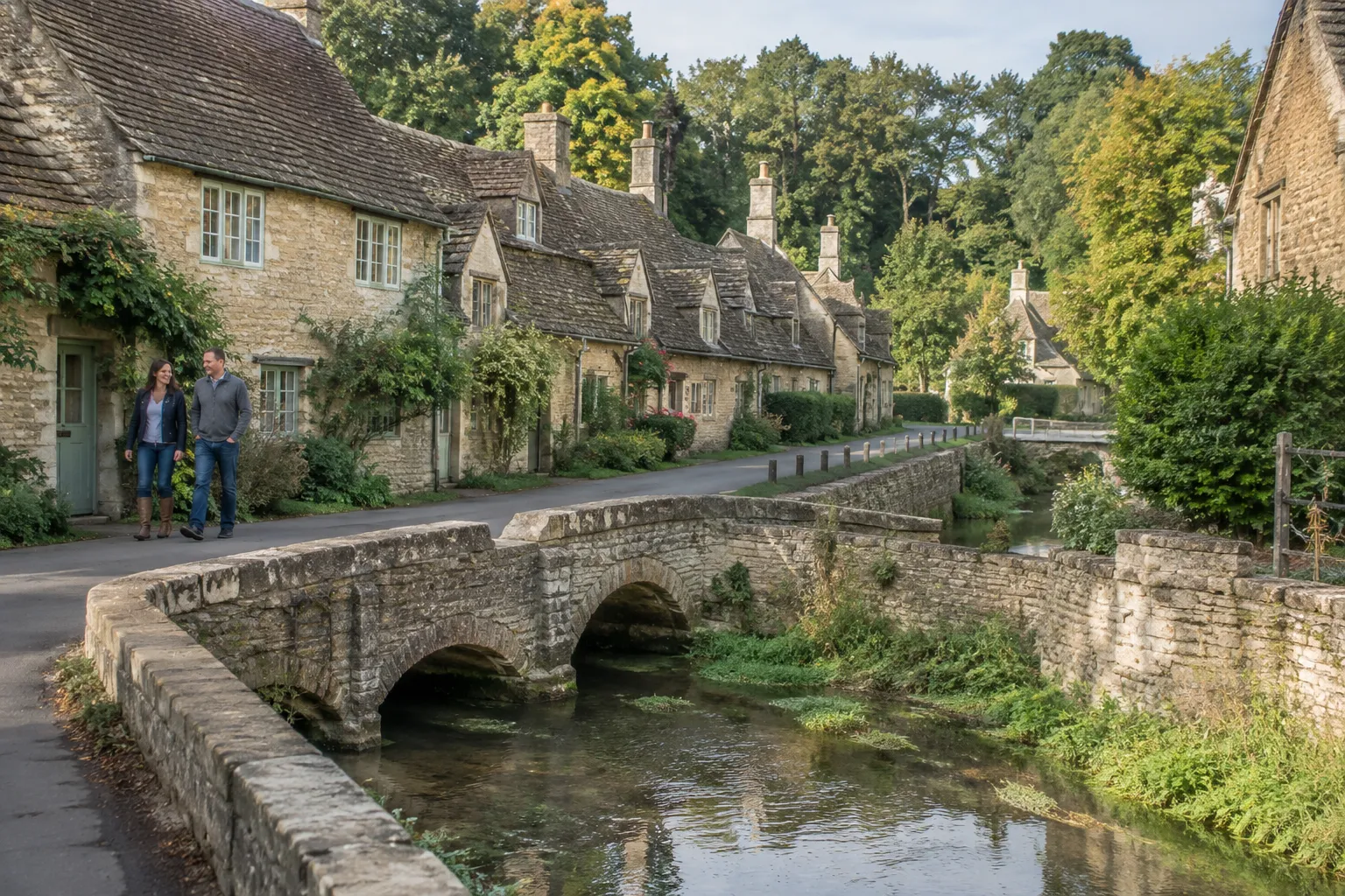 Stenen cottages langs een beekje in Bibury in de Cotswolds