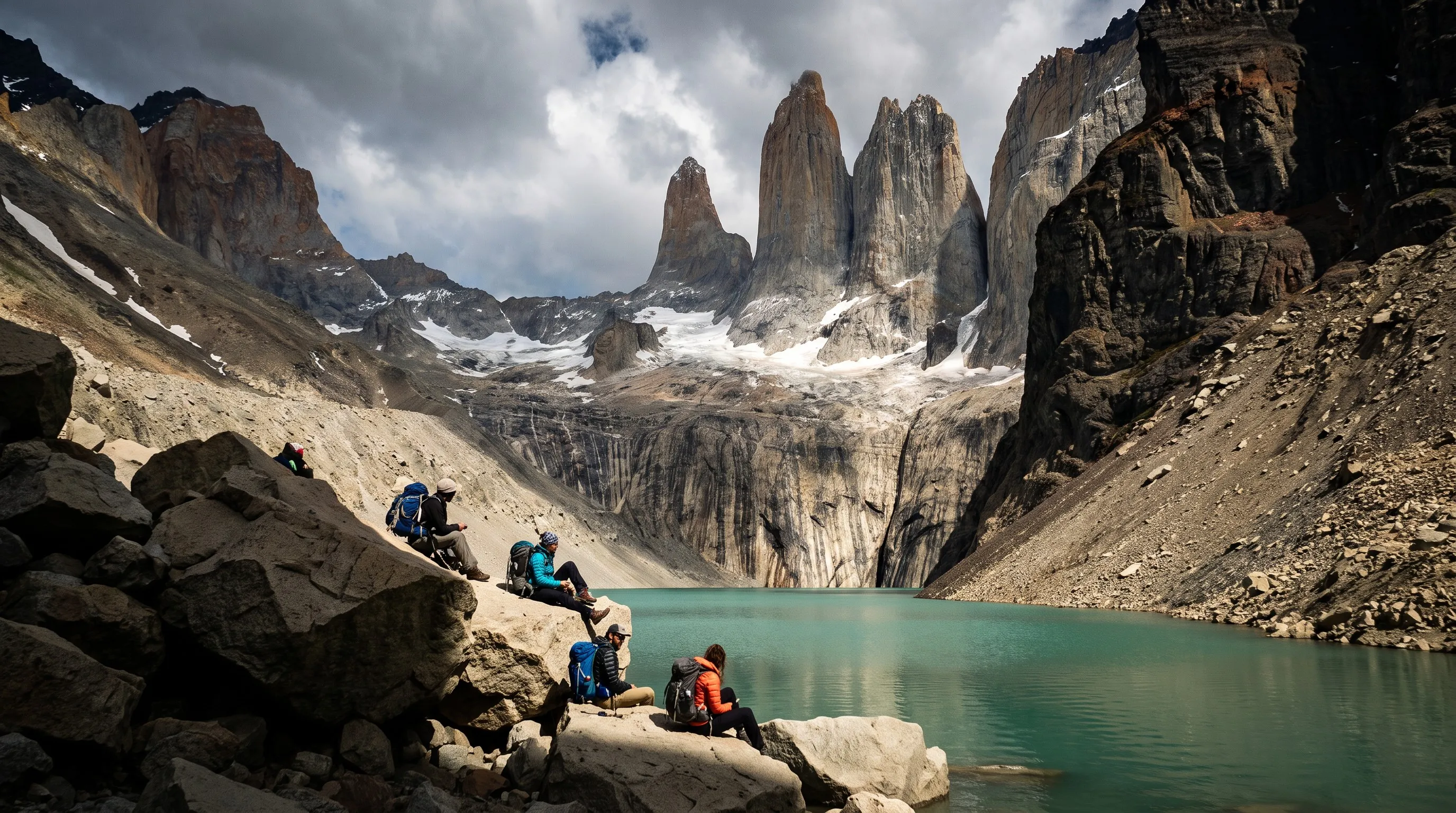 Wandelaars bij het meer aan de voet van de drie torens van Torres del Paine