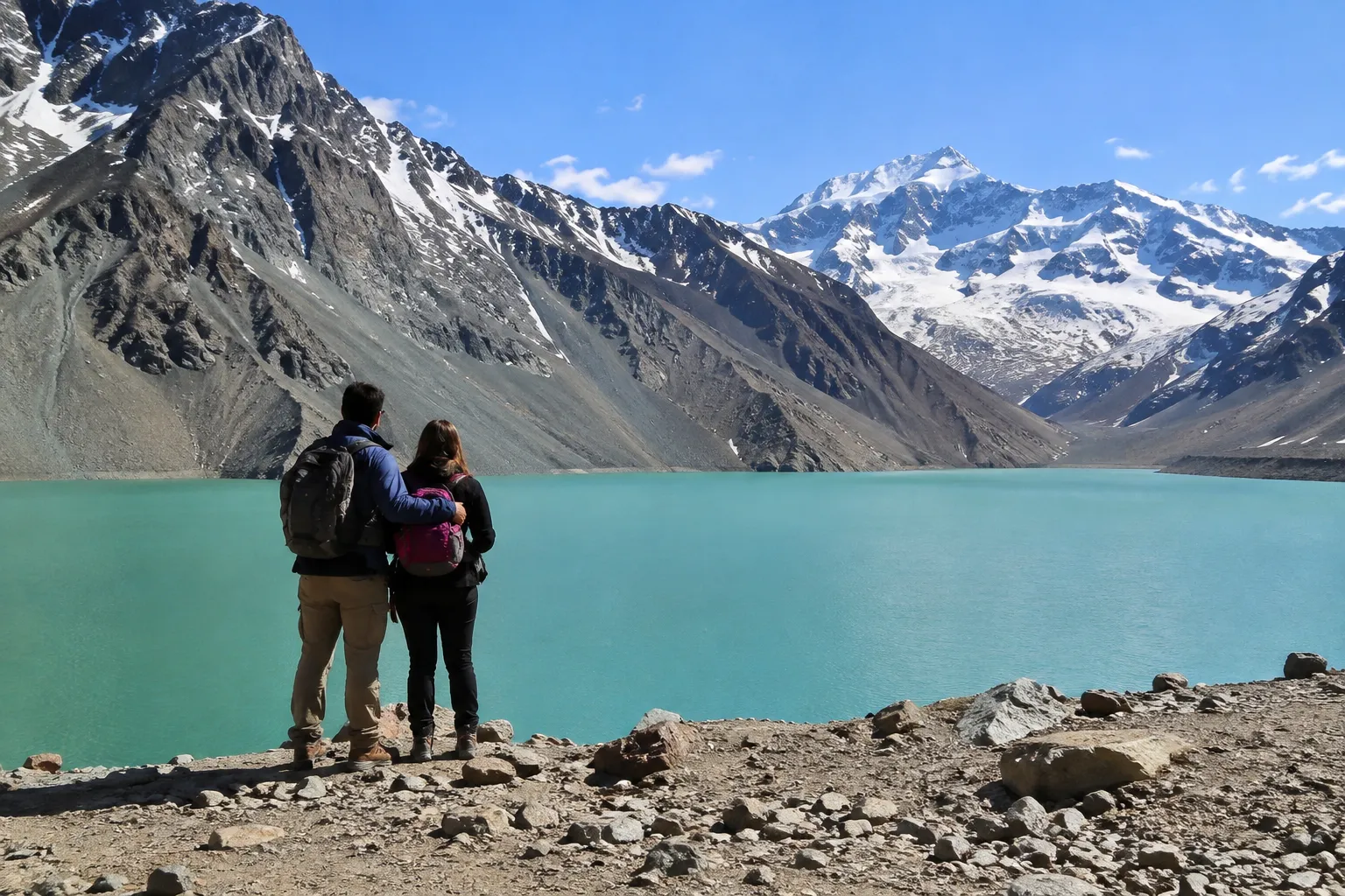 Het groene stuwmeer El Yeso in de Cajón del Maipo, Chili