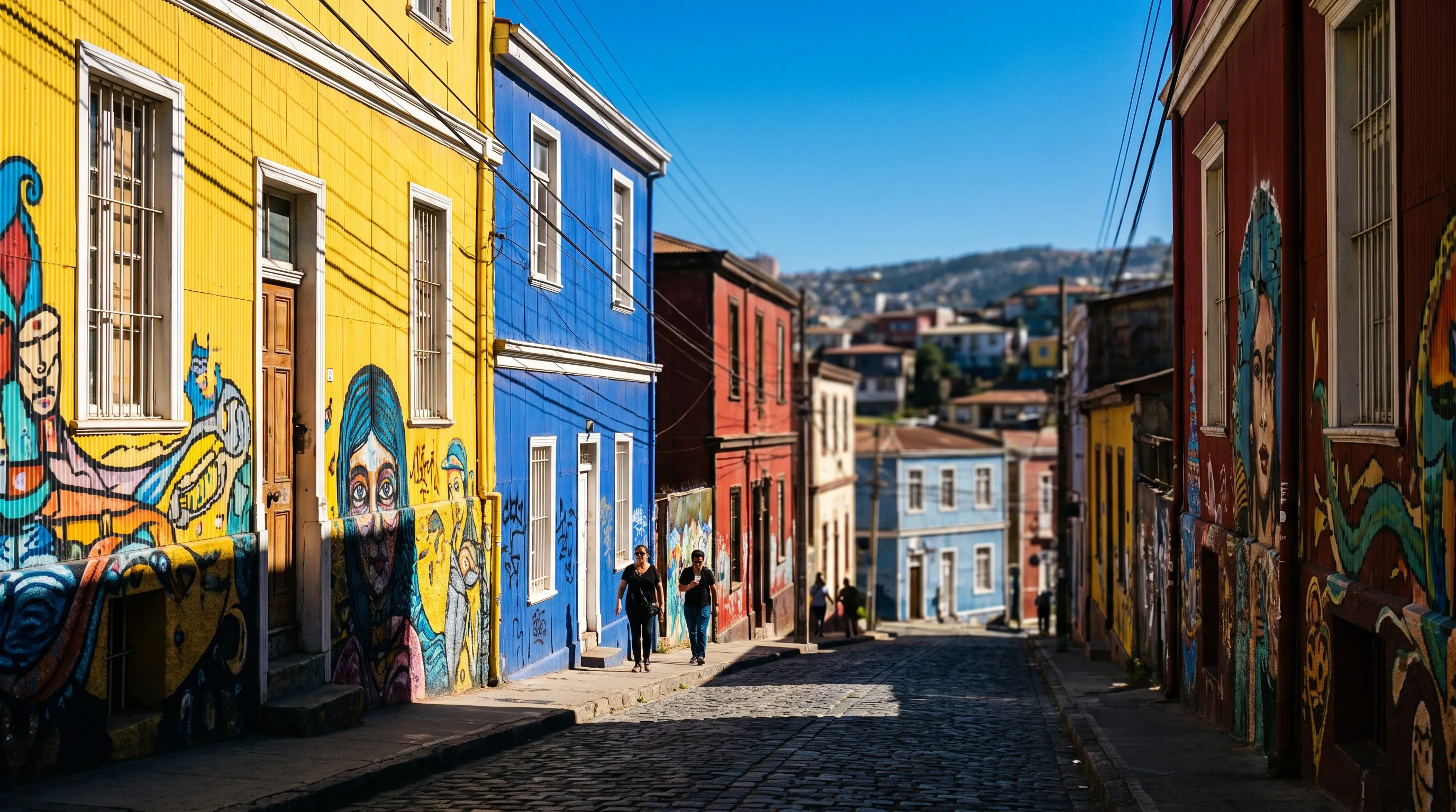 Kleurrijke huizen met muurschilderingen in een straatje van Valparaiso, Chili
