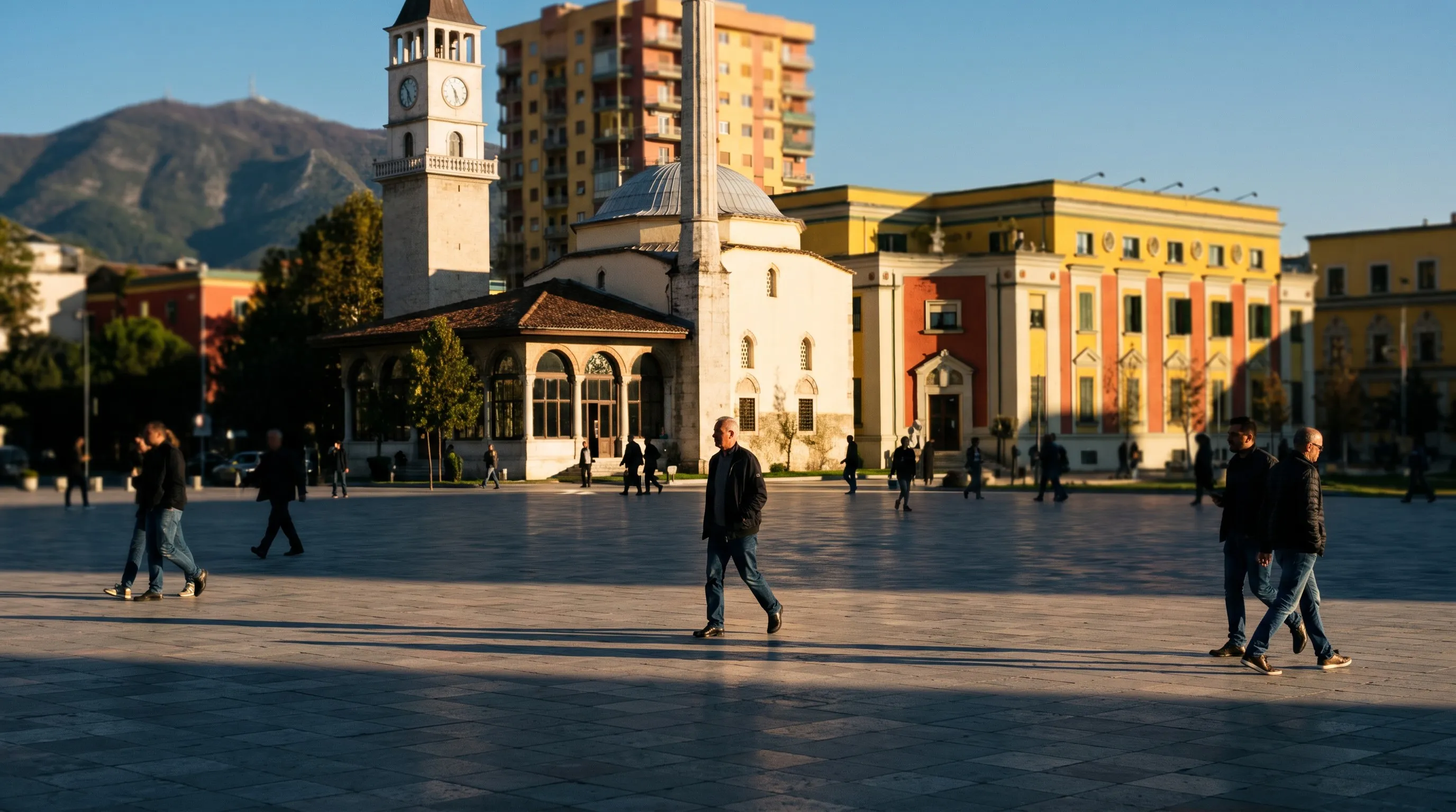 Het Skanderbegplein in Tirana met de moskee en de klokkentoren