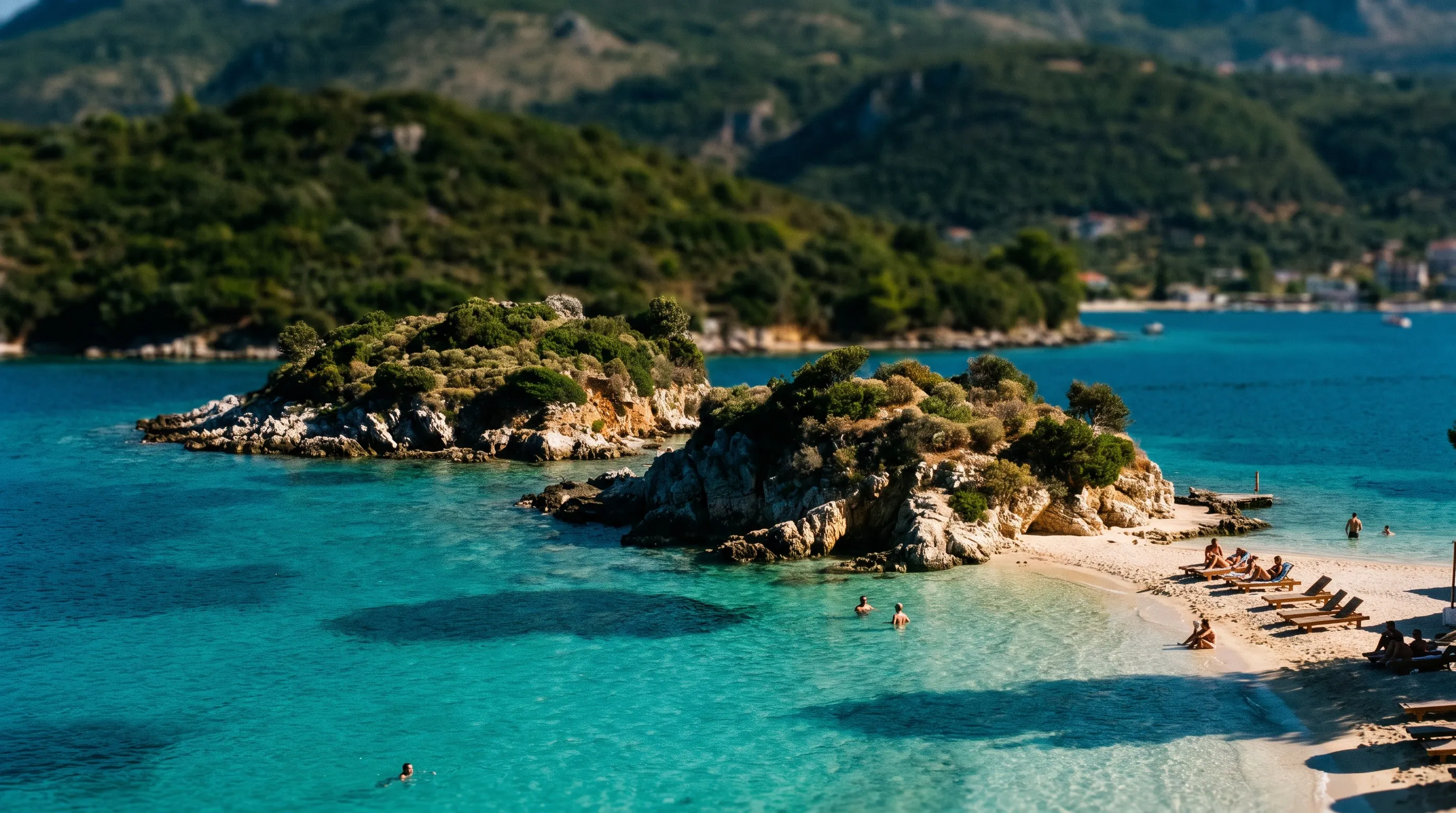 De eilandjes en het heldere water bij Ksamil in het zuiden van Albanië