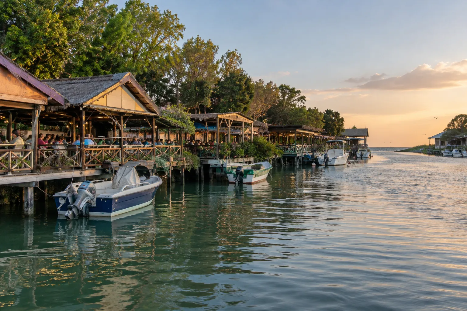 Visrestaurants op palen langs de rivier bij Ada Bojana, Montenegro