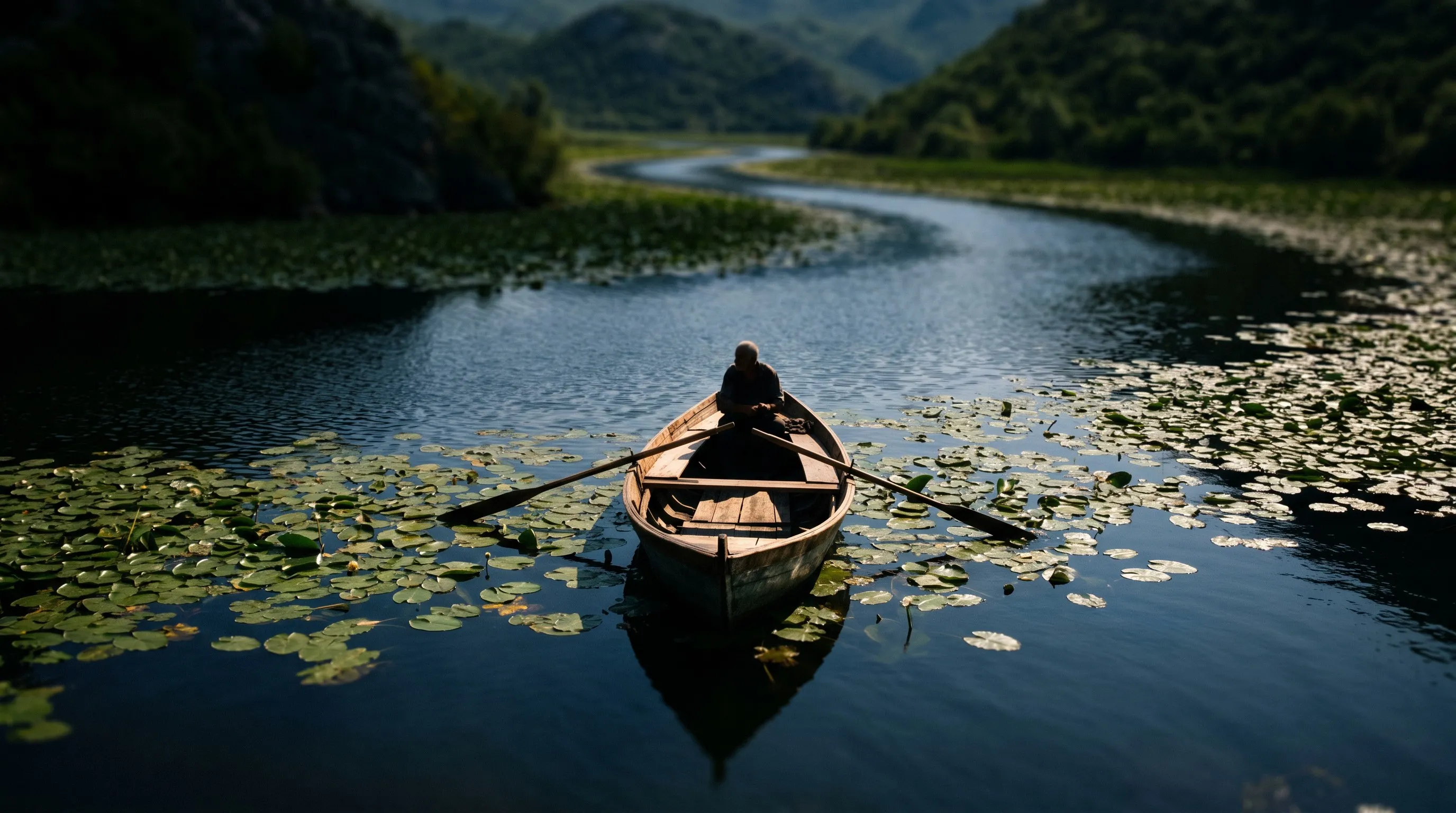 Een houten roeiboot tussen de waterlelies op het Skadarmeer, Montenegro