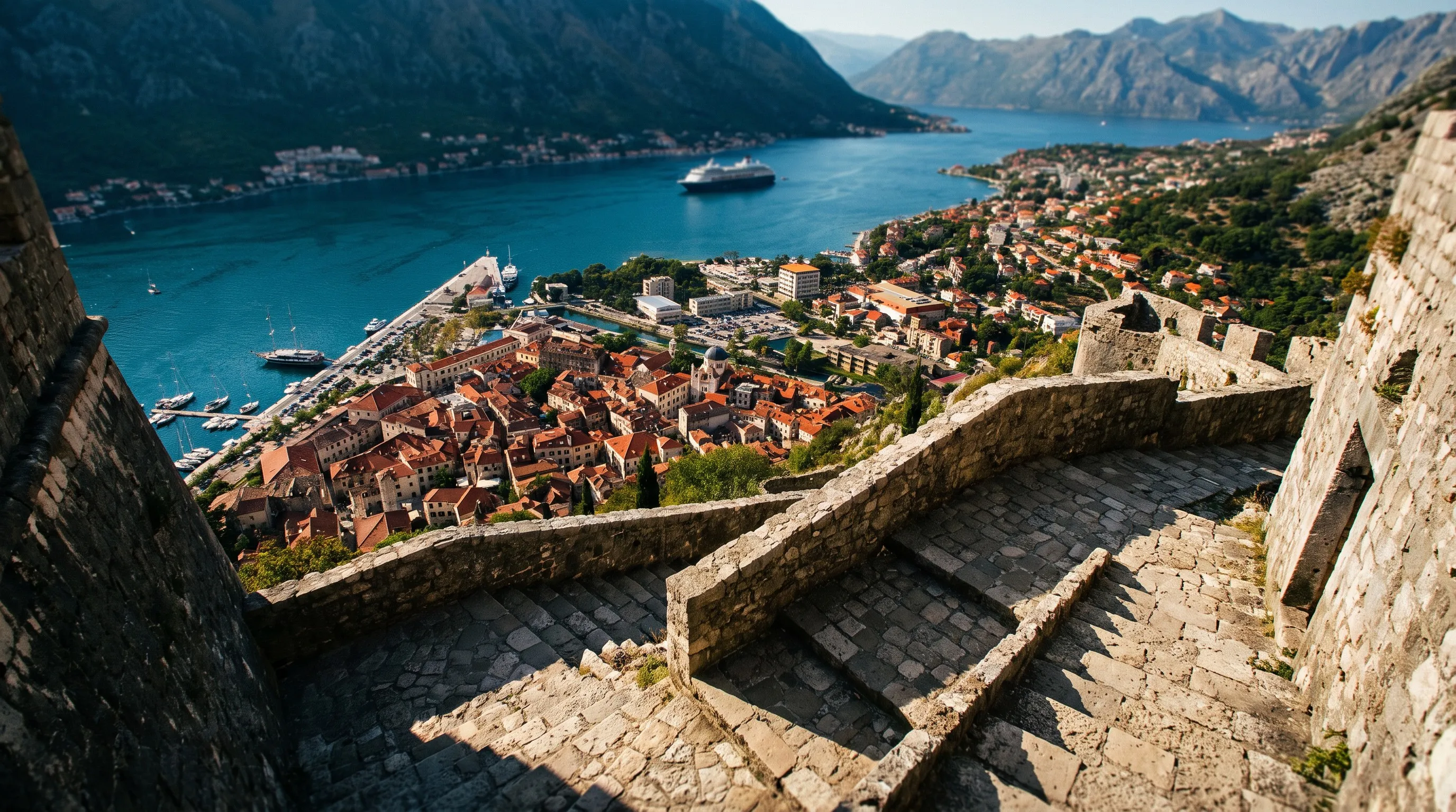 Uitzicht vanaf het pad naar het fort over de oude stad van Kotor en de baai