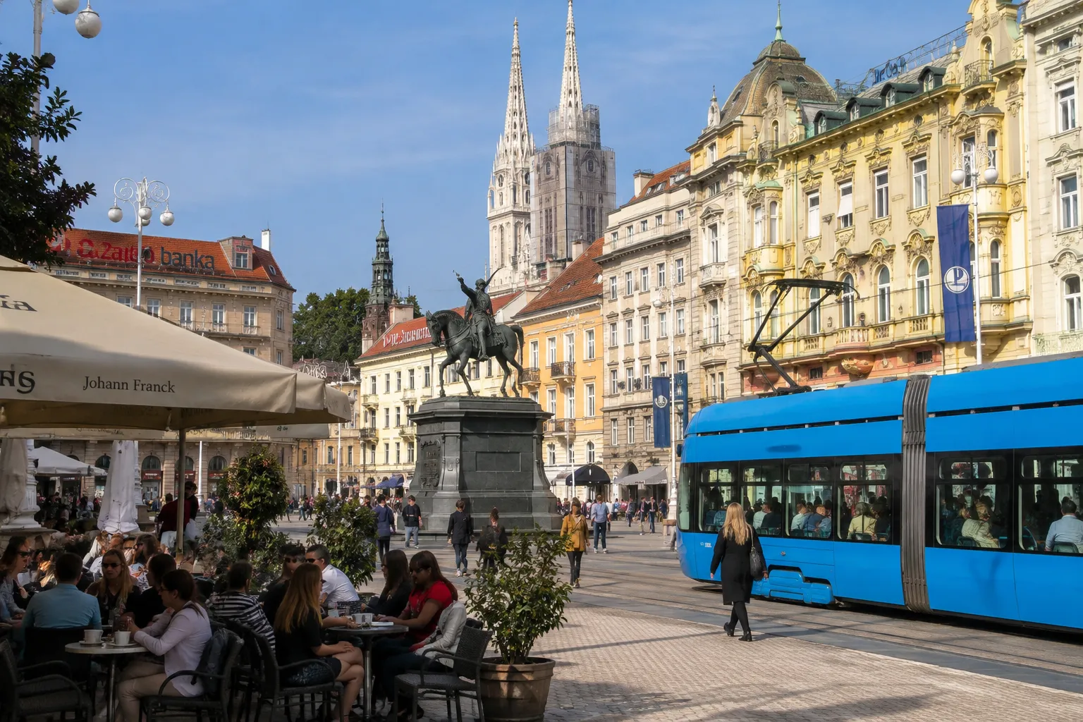 Terrasjes en een blauwe tram op het Ban Jelačić plein in Zagreb