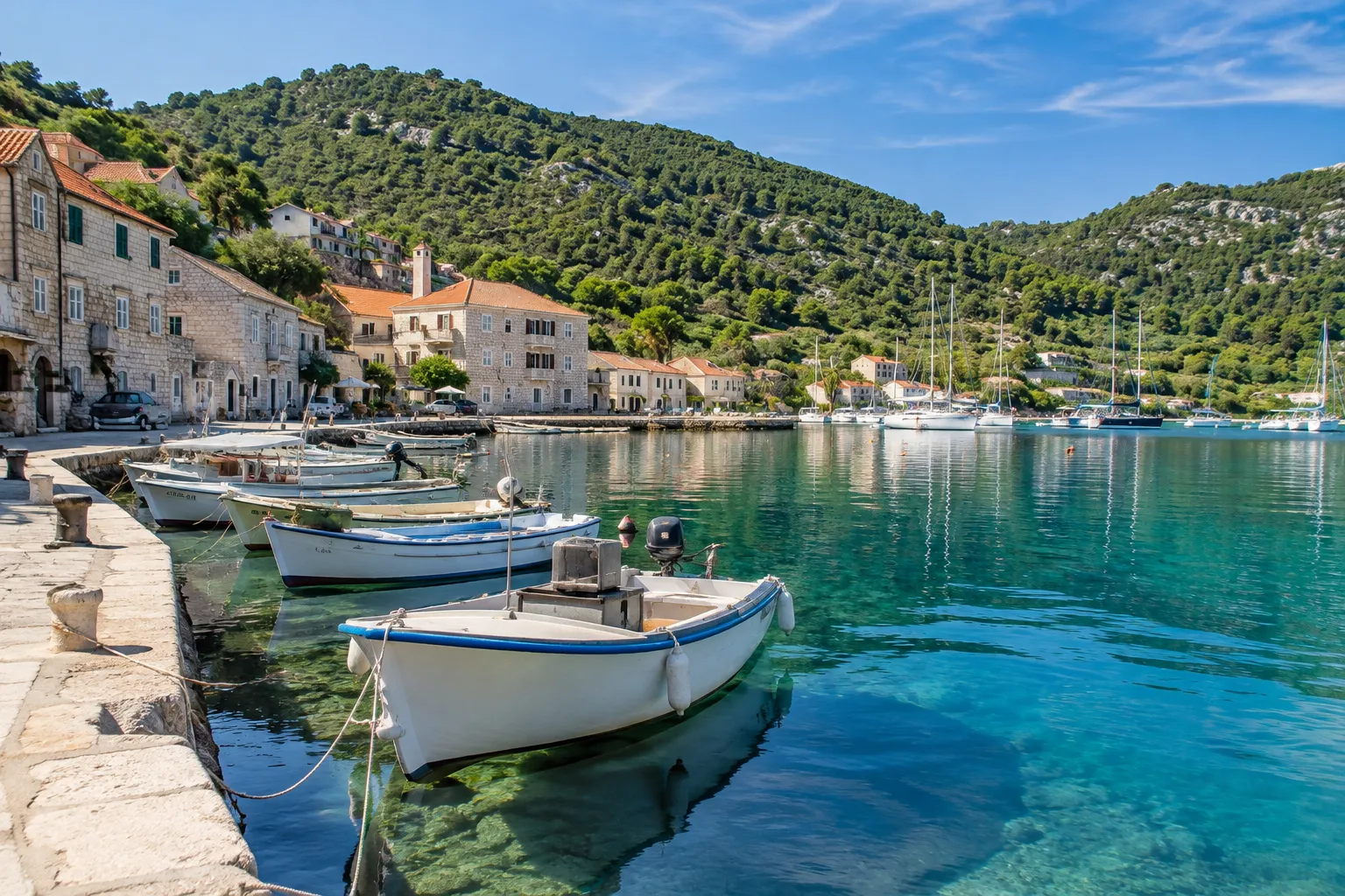 Vissersbootjes in een rustige haven op het eiland Vis, Kroatië