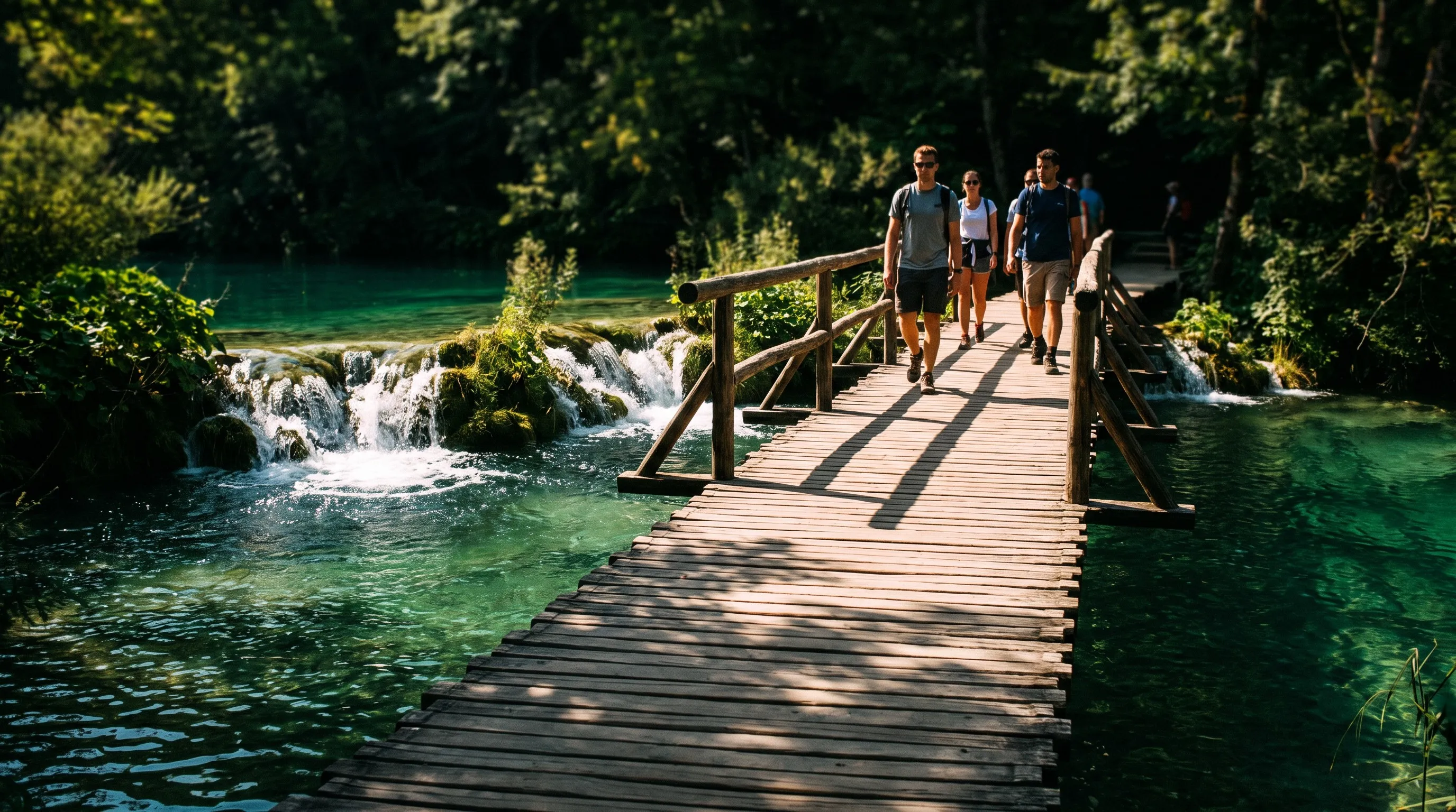 Wandelaars op de houten vlonders langs de watervallen van Plitvice