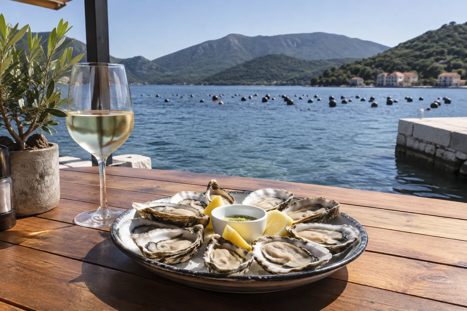 Verse oesters en witte wijn aan het water bij Ston op Pelješac