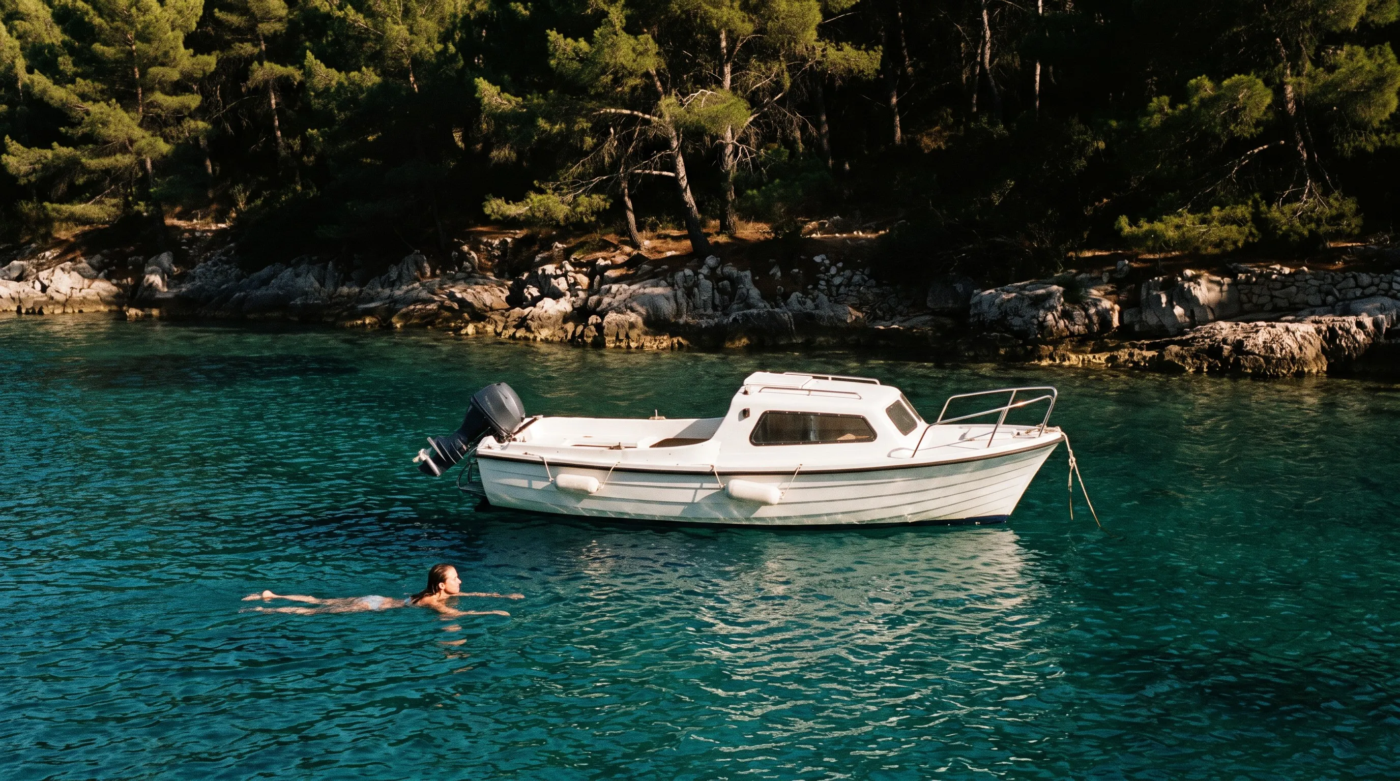 Een bootje voor anker in een heldere baai bij de Pakleni eilanden, Hvar