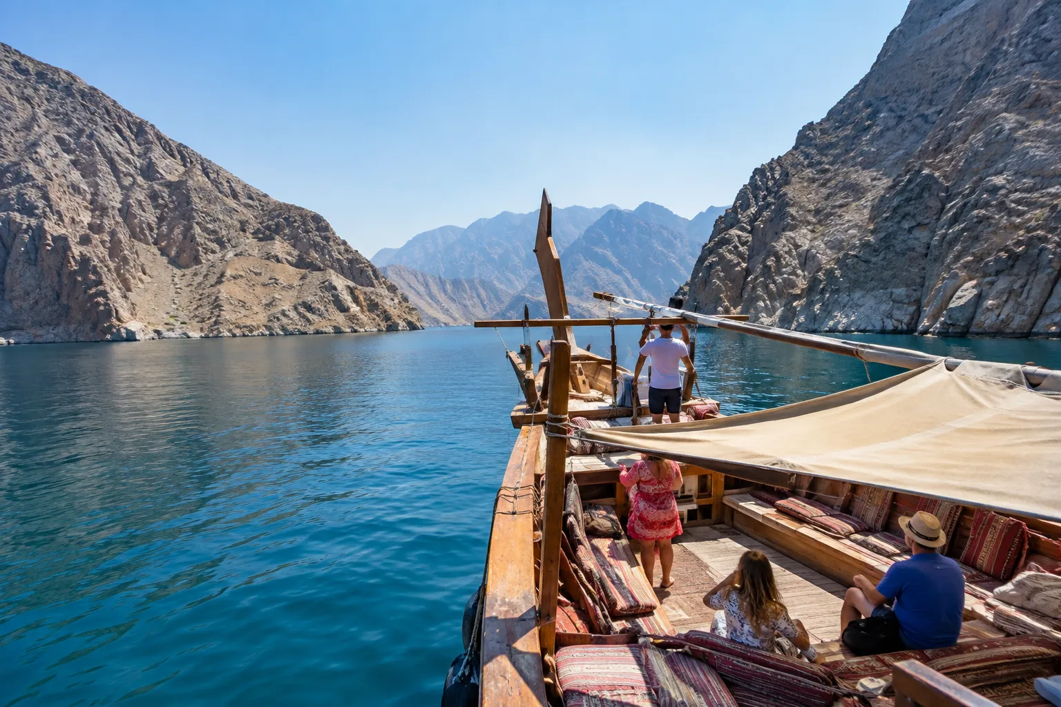Houten dhow vaart door de fjorden van Musandam, Oman