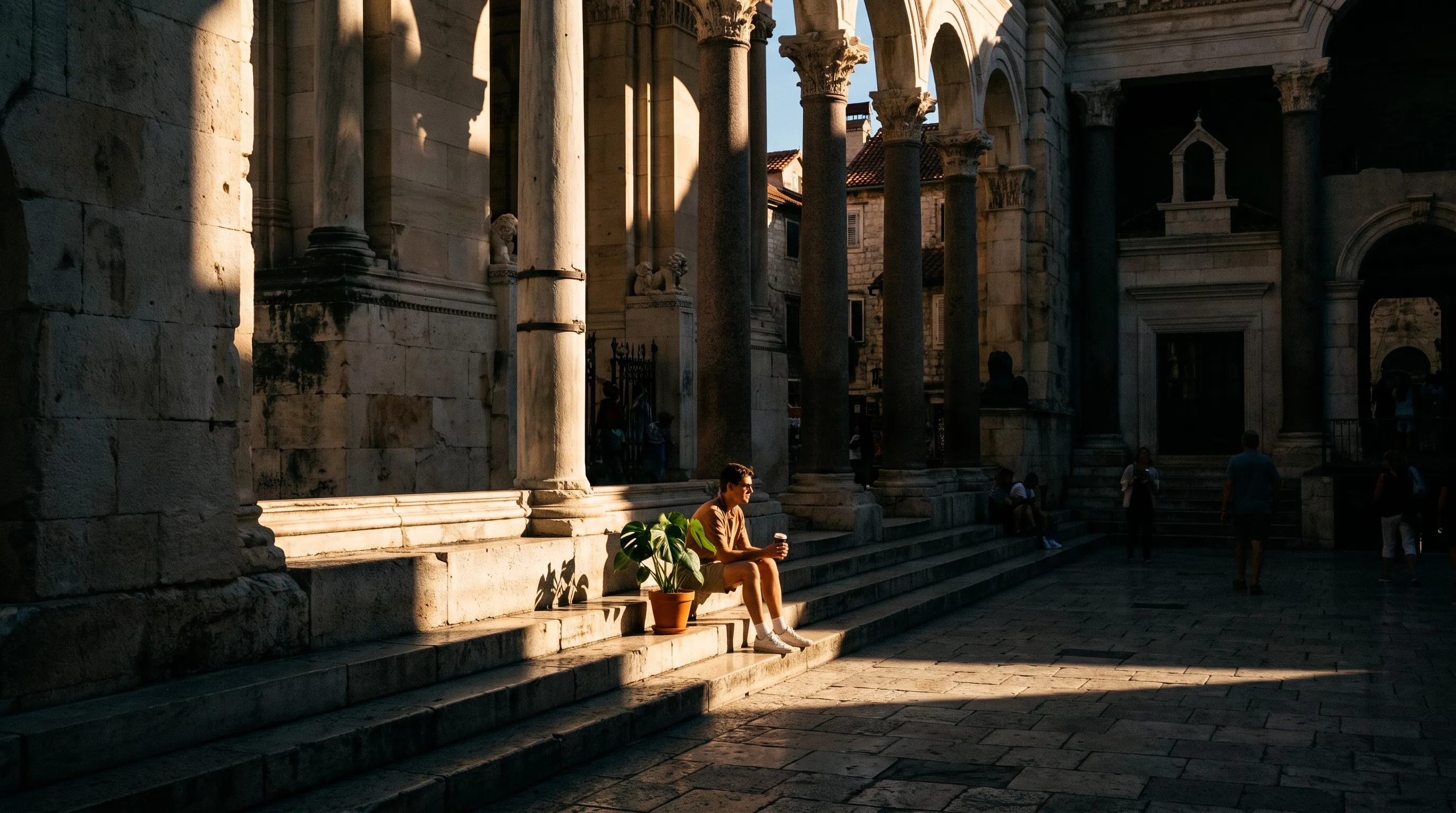 Het plein tussen de Romeinse zuilen van het paleis van Diocletianus in Split