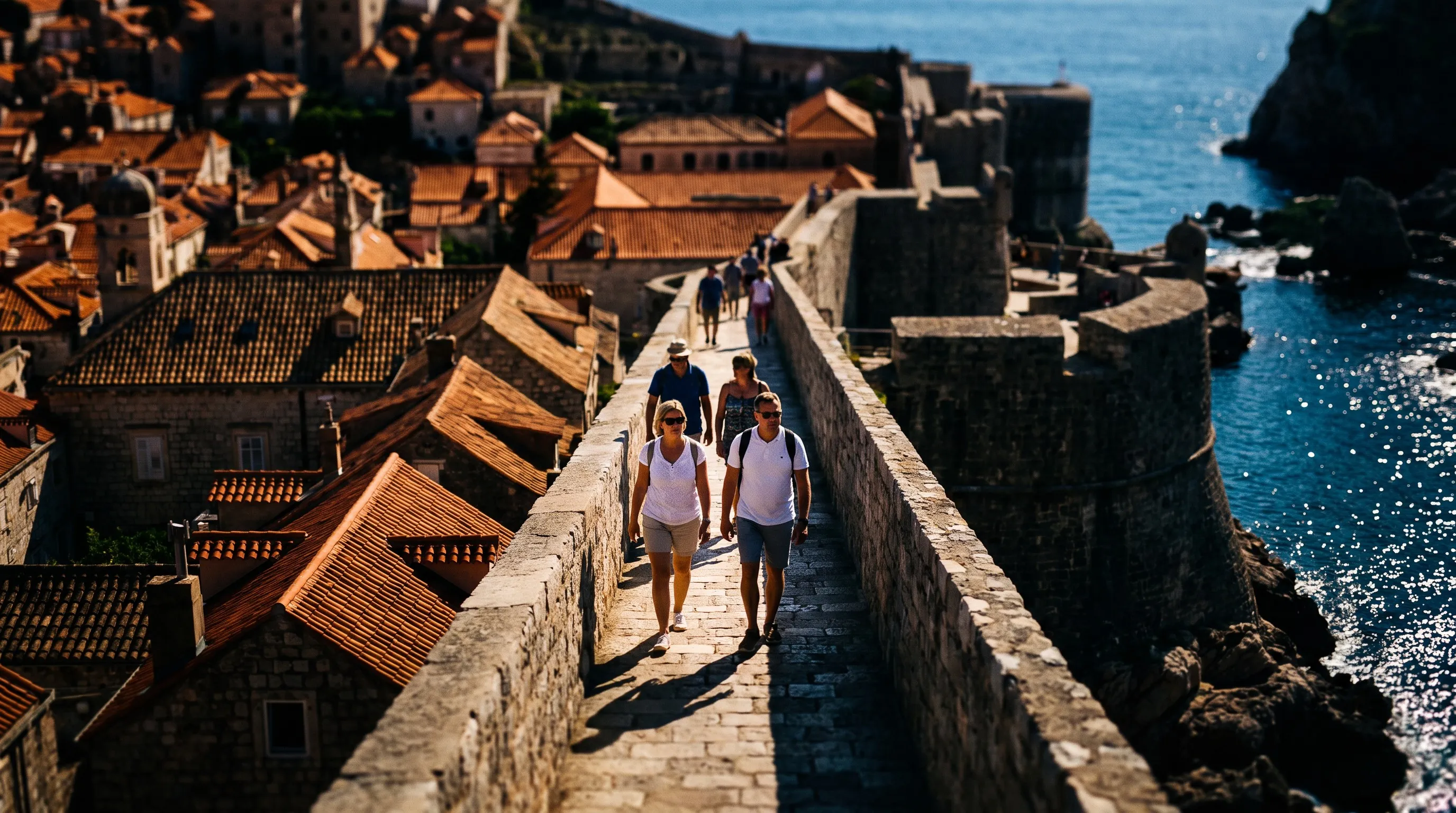 Wandelaars op de stadsmuren van Dubrovnik boven de daken en de zee