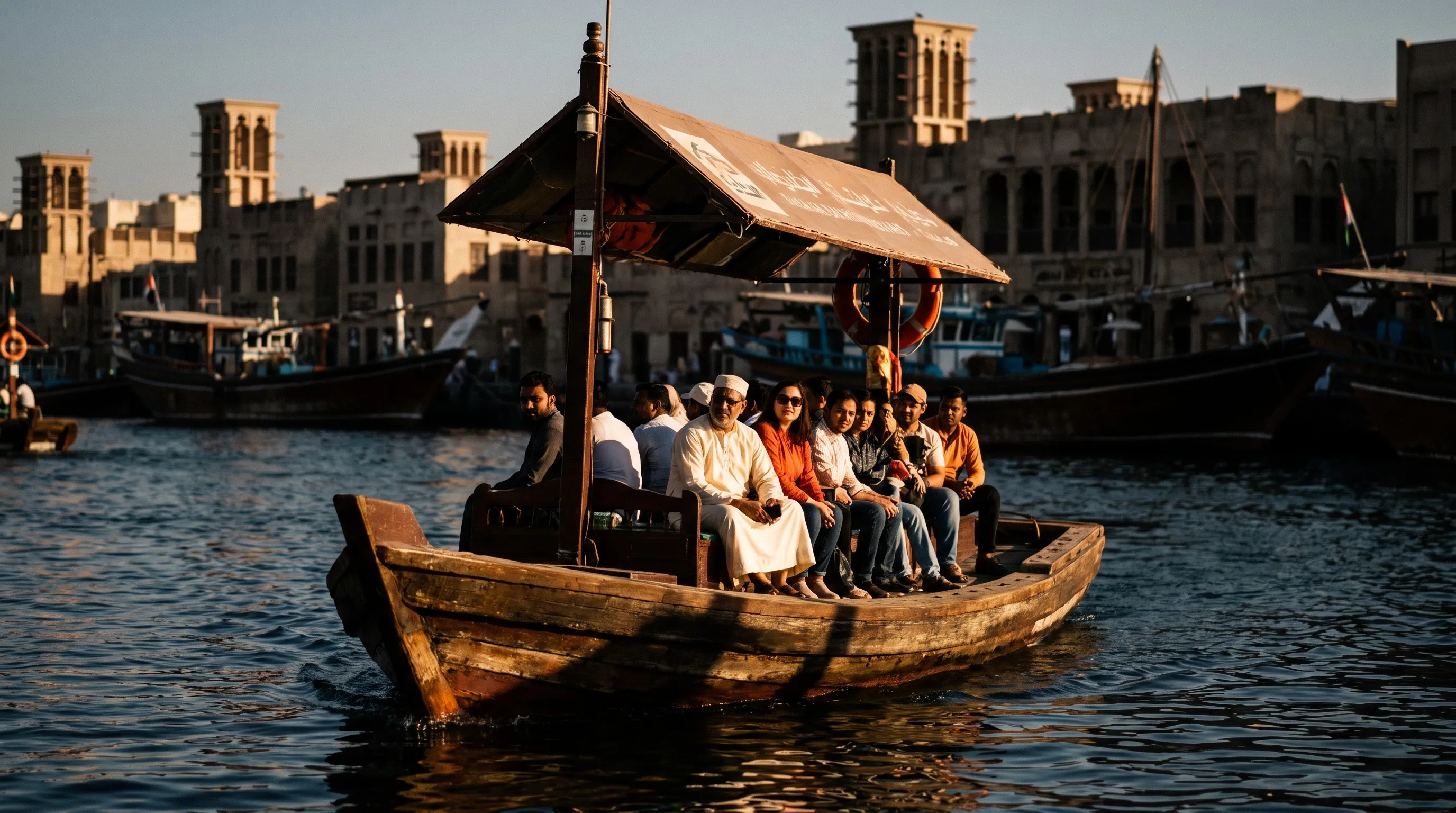 Een houten abra vol passagiers steekt de Creek over in het oude Dubai