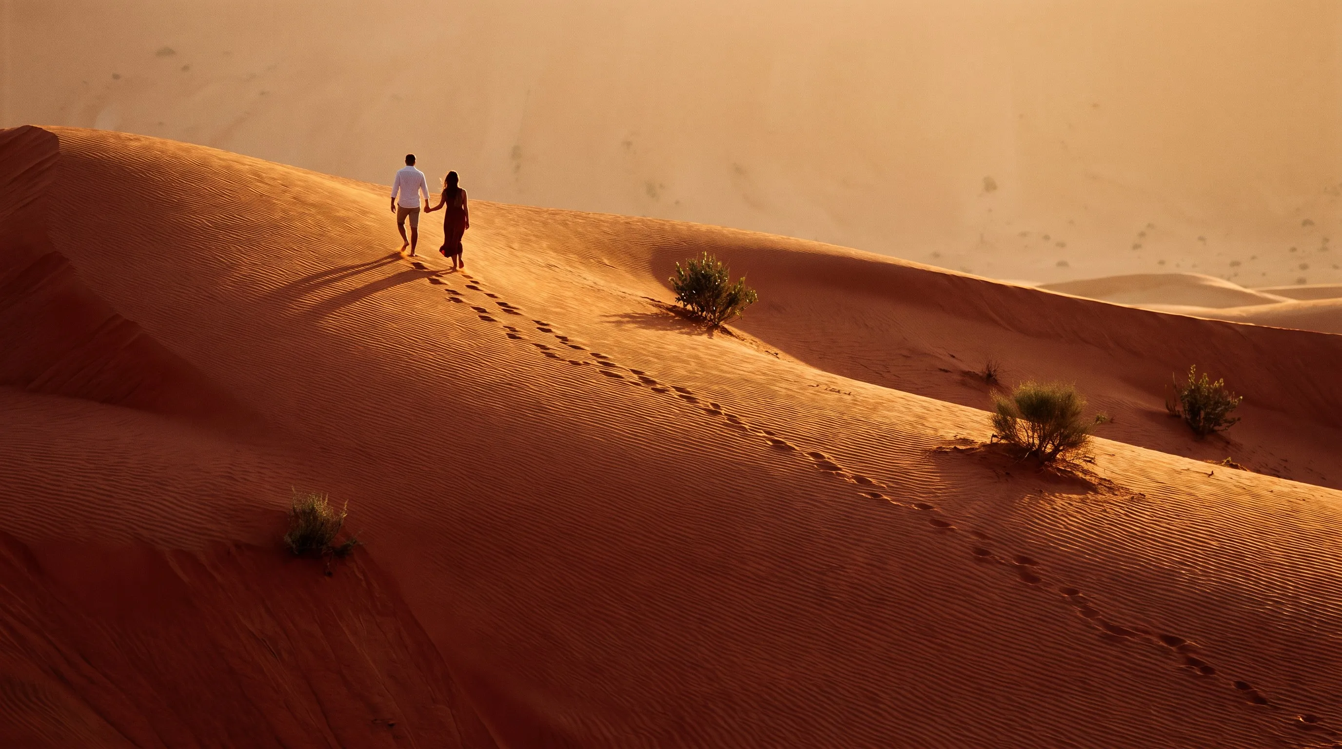 Een stel wandelt over de rode zandduinen in de woestijn bij Dubai