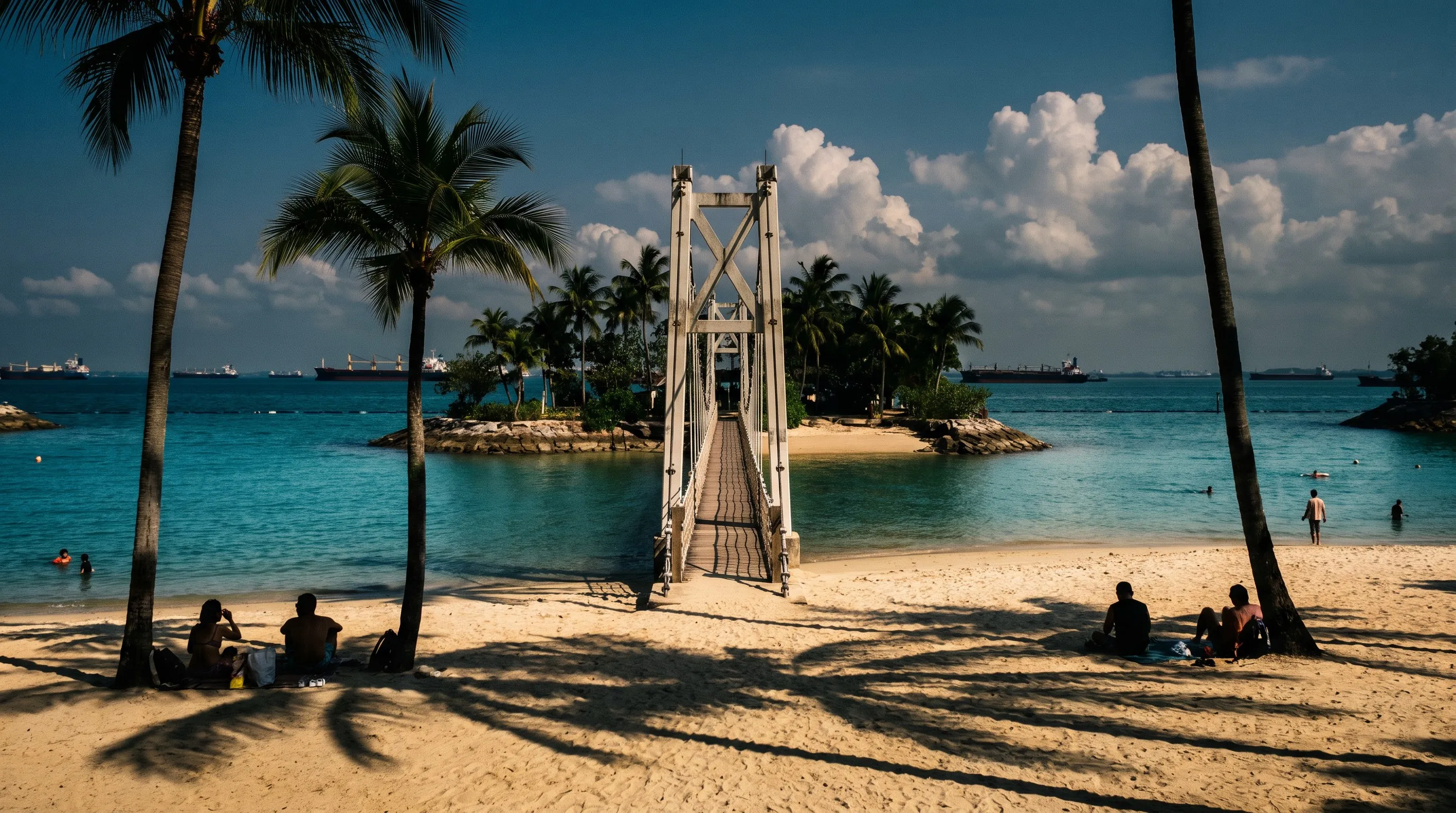 Palawan Beach op Sentosa met palmbomen en de hangbrug naar het eilandje
