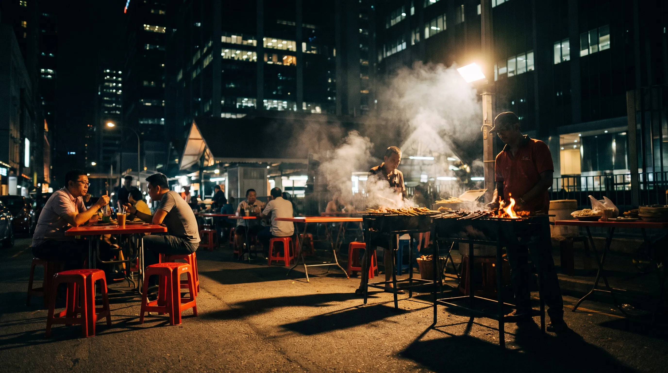 Satestraat bij Lau Pa Sat in Singapore met grills en tafels op straat