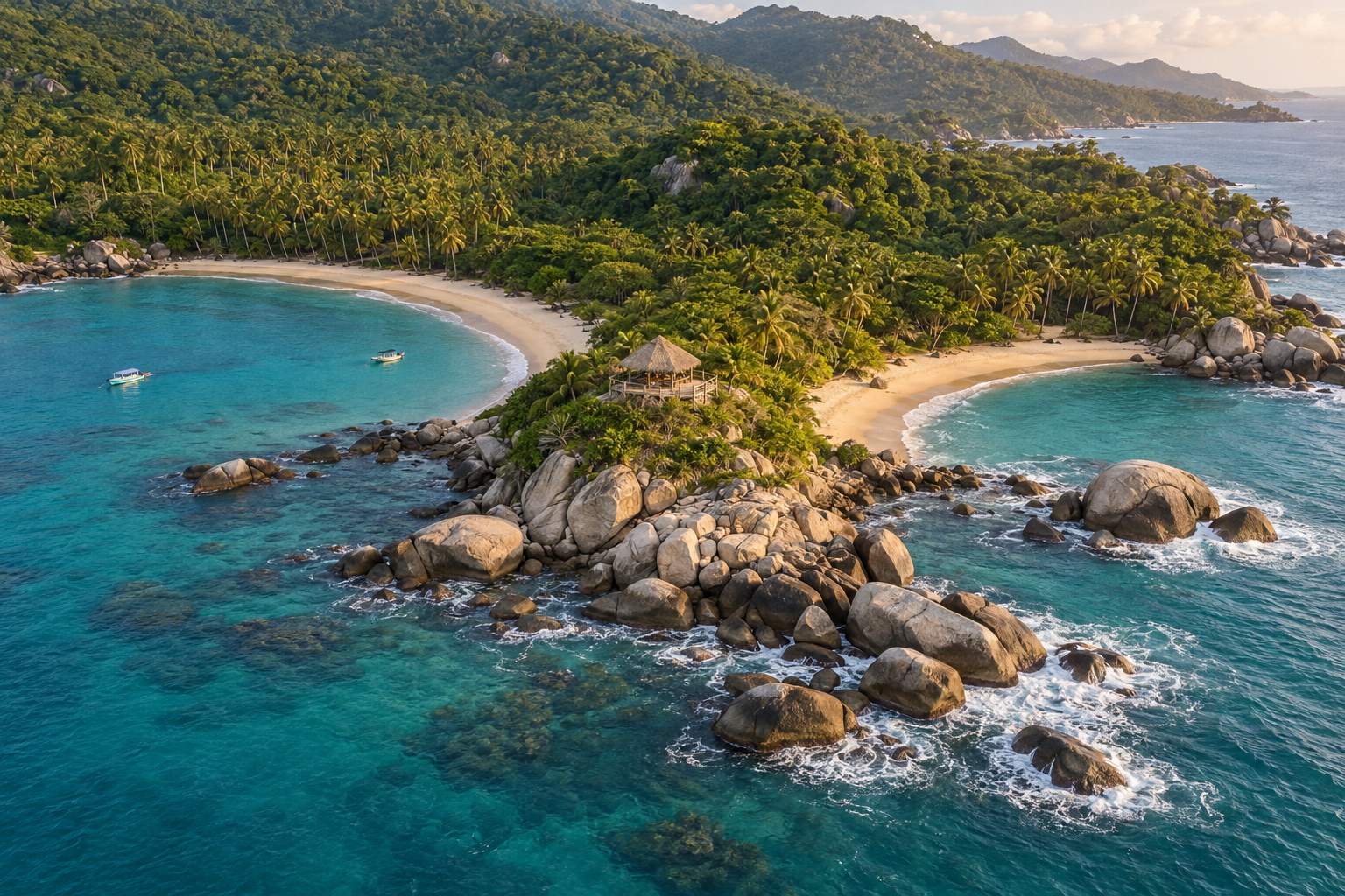 Twee baaien met turquoise water, palmen en ronde rotsen in het nationale park Tayrona