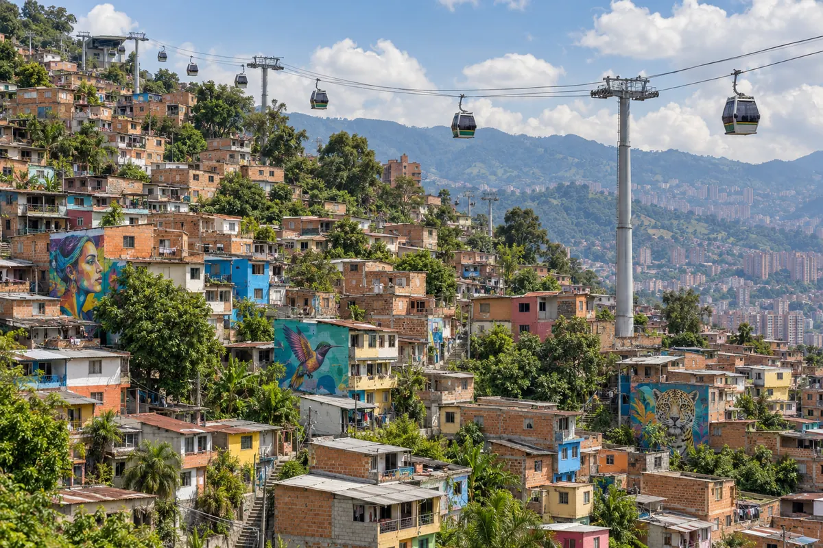 Kabelbaan boven de beschilderde huizen op de heuvels van Medellín
