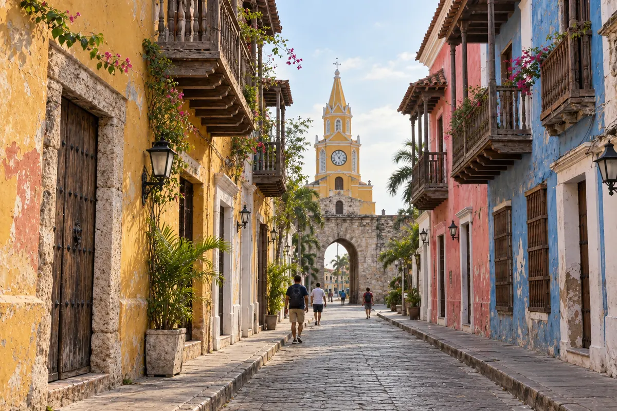 Kleurrijke straat met houten balkons richting de klokkentoren van Cartagena