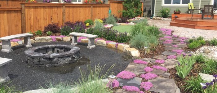 Outdoor living spaces Calgary completed paving stone patio with a fire pit sitting area