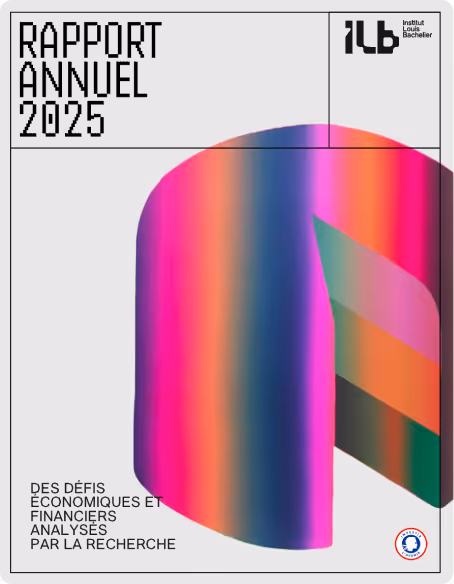 Couverture du rapport annuel 2025 de l'Institut Louis Bachelier avec un graphique coloré en forme de cylindre sectionné et le texte « Des défis économiques et financiers analysés par la recherche ».