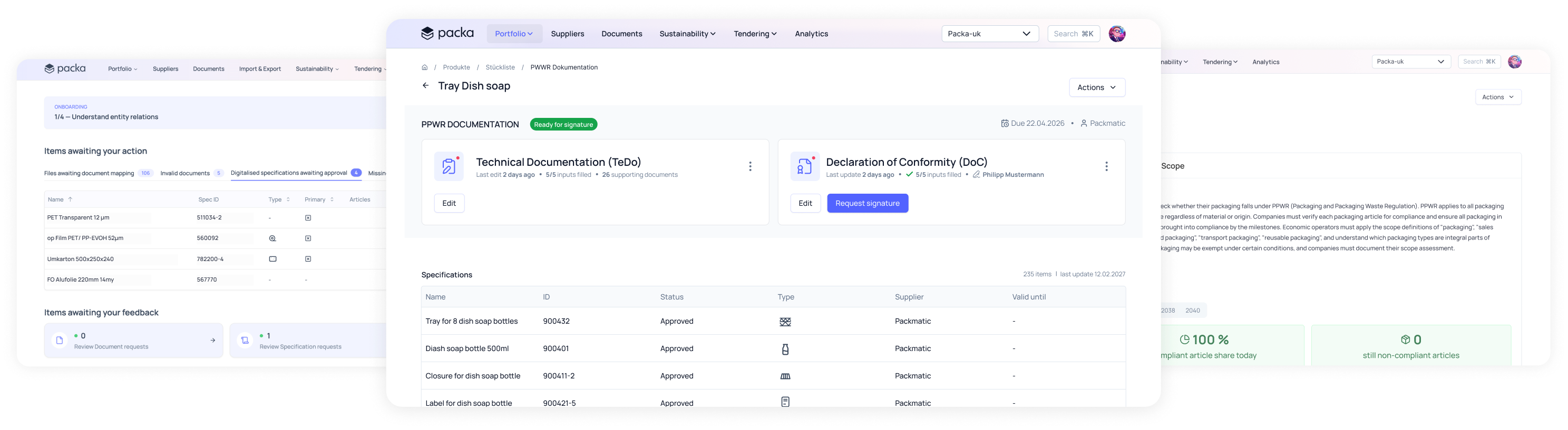 Benutzeroberfläche der Packa Software zeigt PPWR-Dokumentation für Spülmittelverpackungen mit technischen Dokumenten, Konformitätserklärung und Spezifikationen.