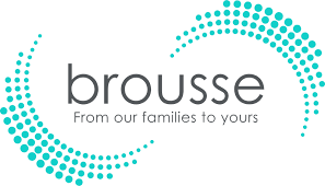 Brousse logo with stylized turquoise dotted arcs and the tagline 'From our families to yours.'