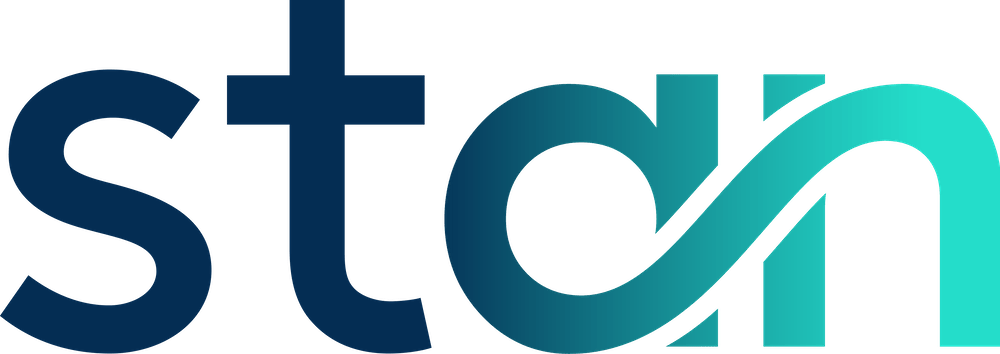 Stylized text logo reading 'stan' with gradient color from dark blue to teal and a curved line crossing the letters n and a.