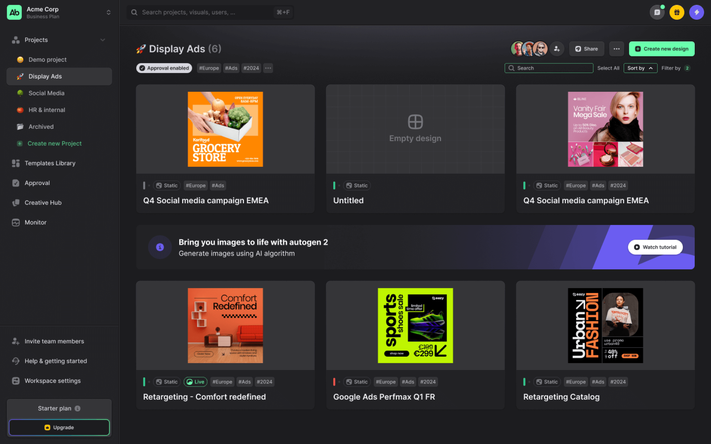 User interface of Acme Corp business plan displaying a dashboard for Display Ads projects with six ad designs including grocery store, beauty sale, comfort redefined, sports shoes sale, and urban fashion.