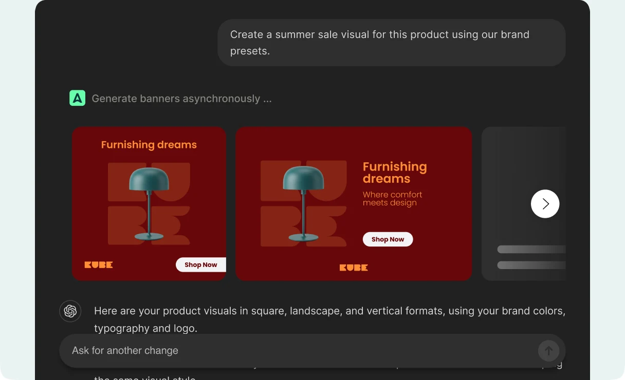 An AI agent chat generating on-brand product banners in several formats with Abyssale MCP
