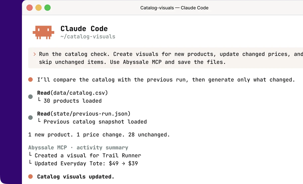 Claude Code running a catalog check and updating visuals through Abyssale MCP