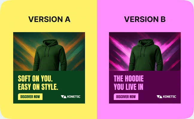 Two headline versions of the same hoodie ad side by side