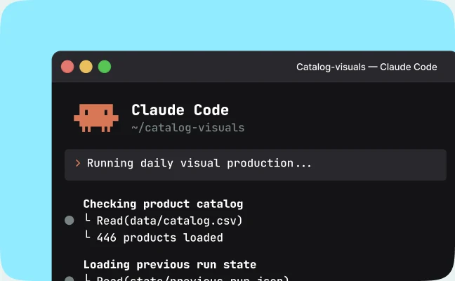 Claude Code running daily visual production from a product catalog